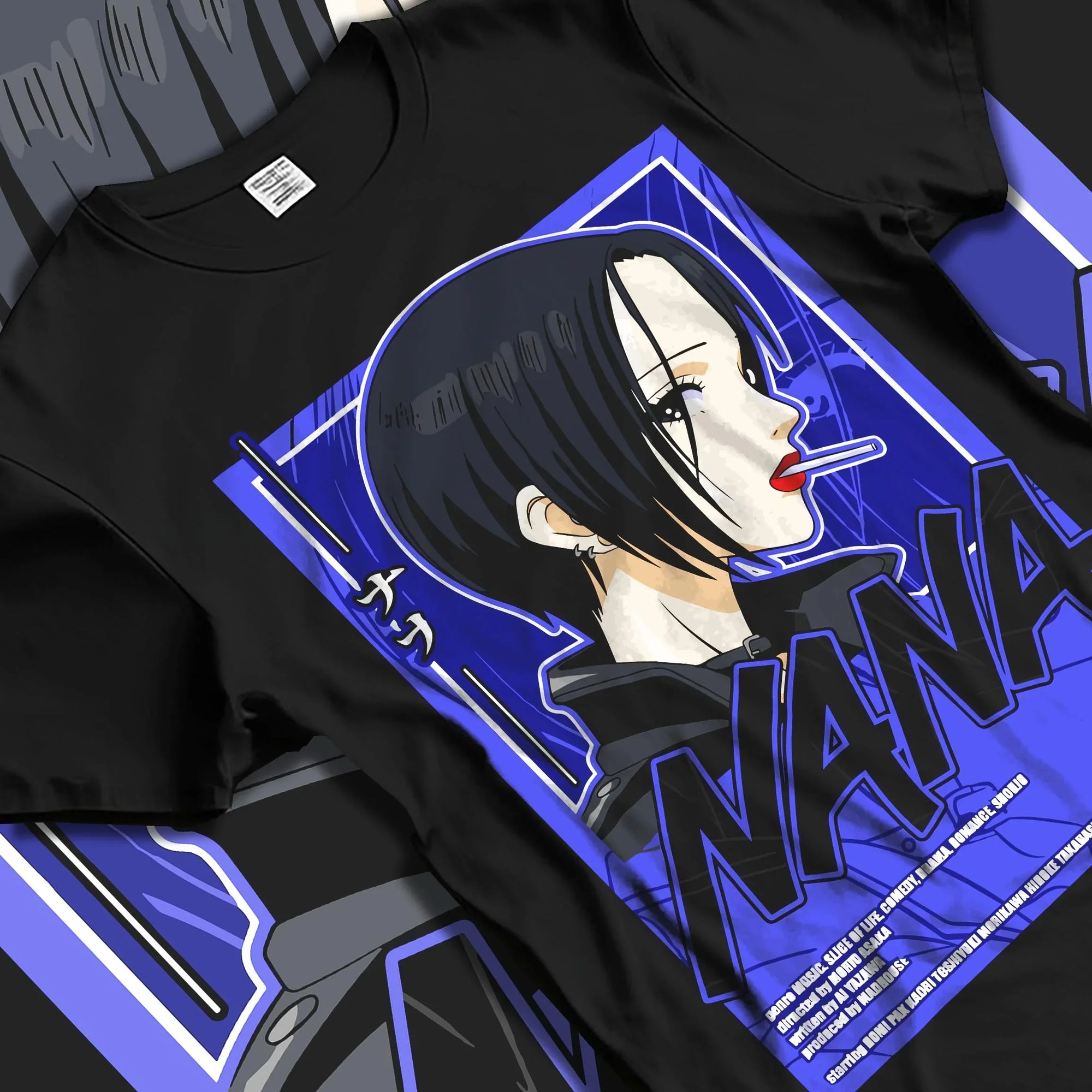 Black T-shirt laid flat with natural folds with Osaragi Hoodie Oshi no Ko School Uniform graphic streetwear graphic.