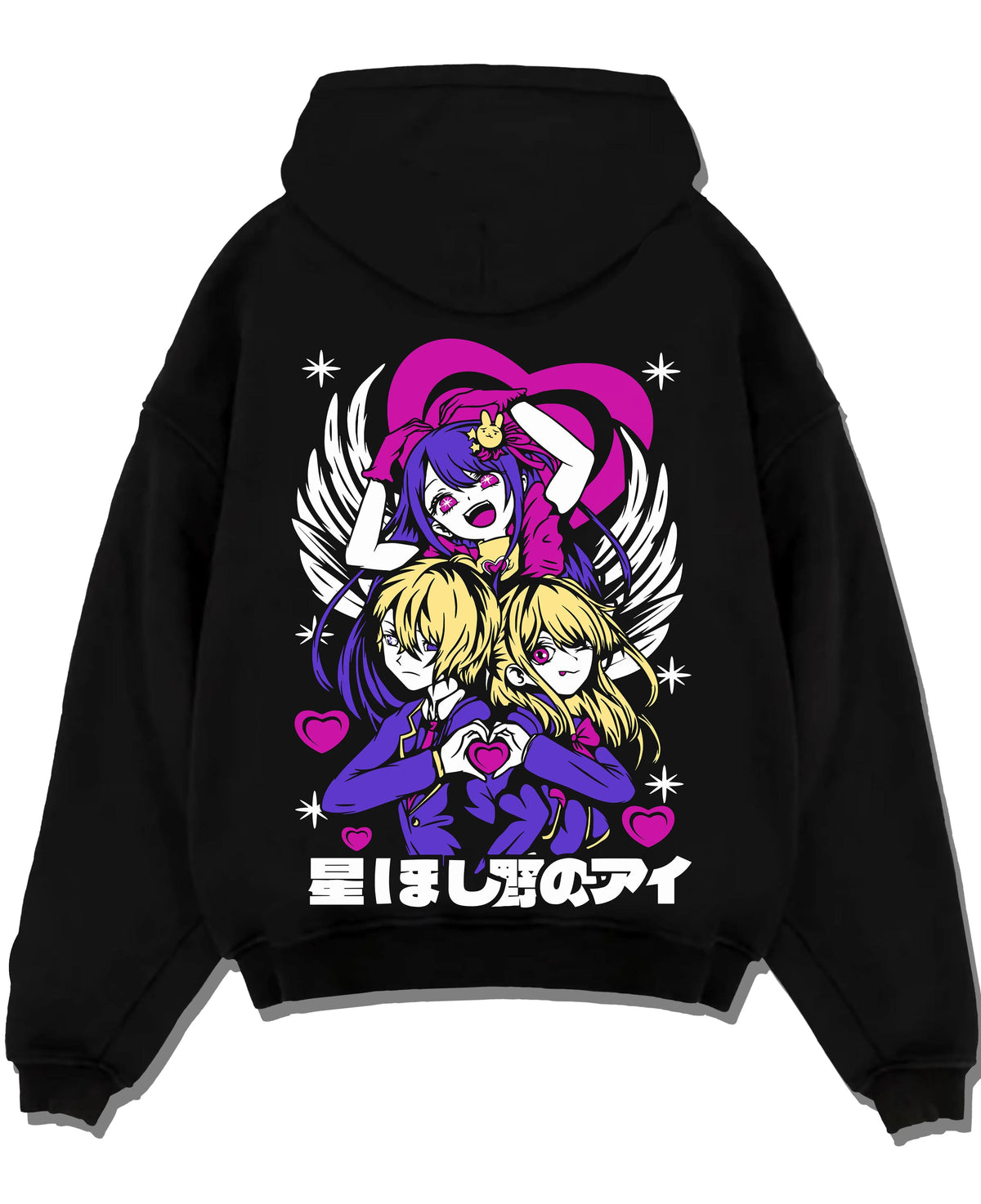 Black hoodie laid flat featuring Ai Hoshino with Ruby and Aqua Oshi no Ko artwork.