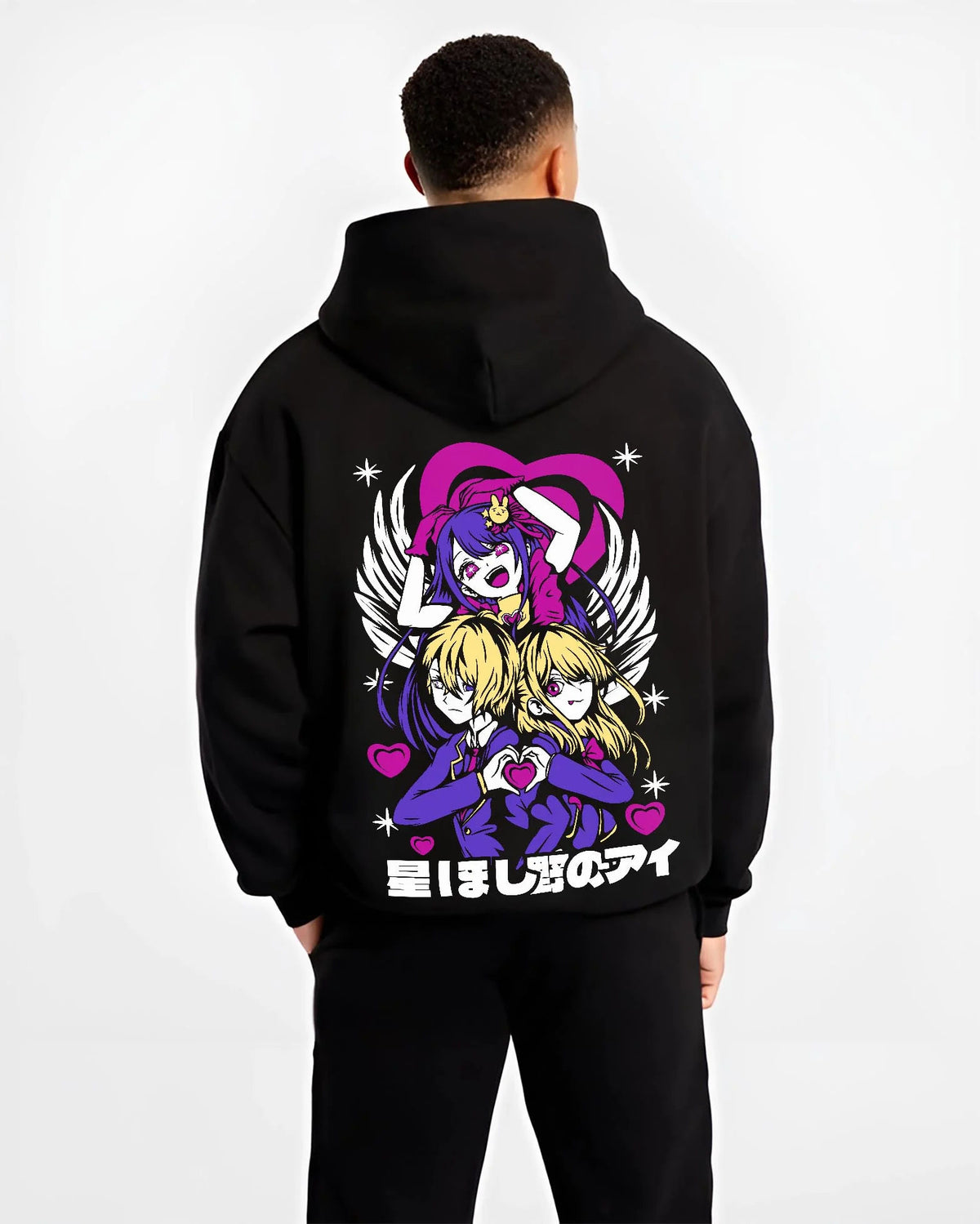 Black hoodie worn by male model from the back featuring Ai Hoshino with Ruby and Aqua Oshi no Ko artwork.