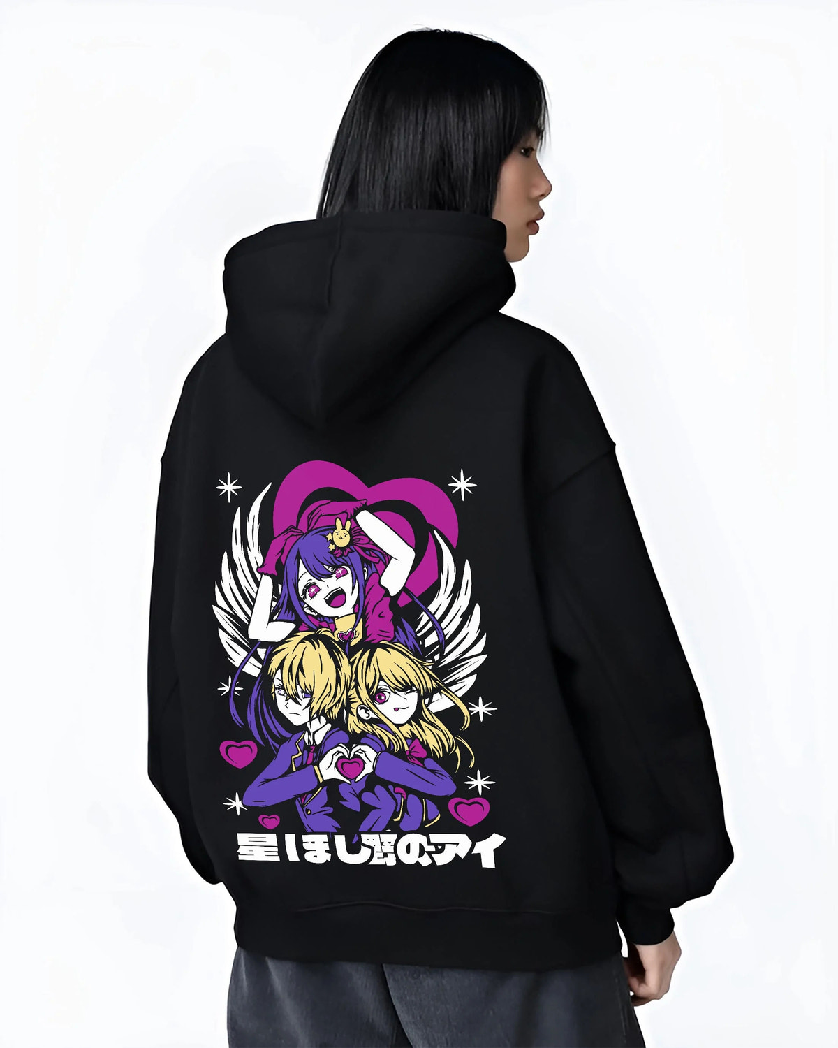 Black hoodie worn by female model from the back featuring Ai Hoshino with Ruby and Aqua Oshi no Ko artwork.