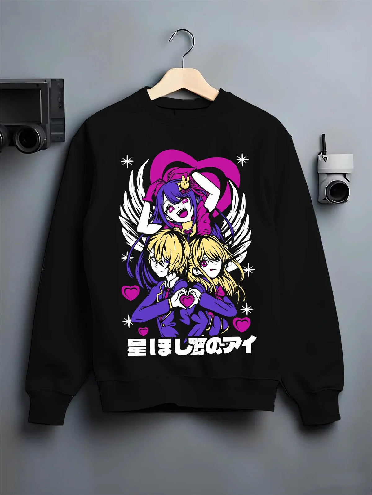 Black crewneck sweatshirt on hanger featuring Ai Hoshino with Ruby and Aqua Oshi no Ko artwork.
