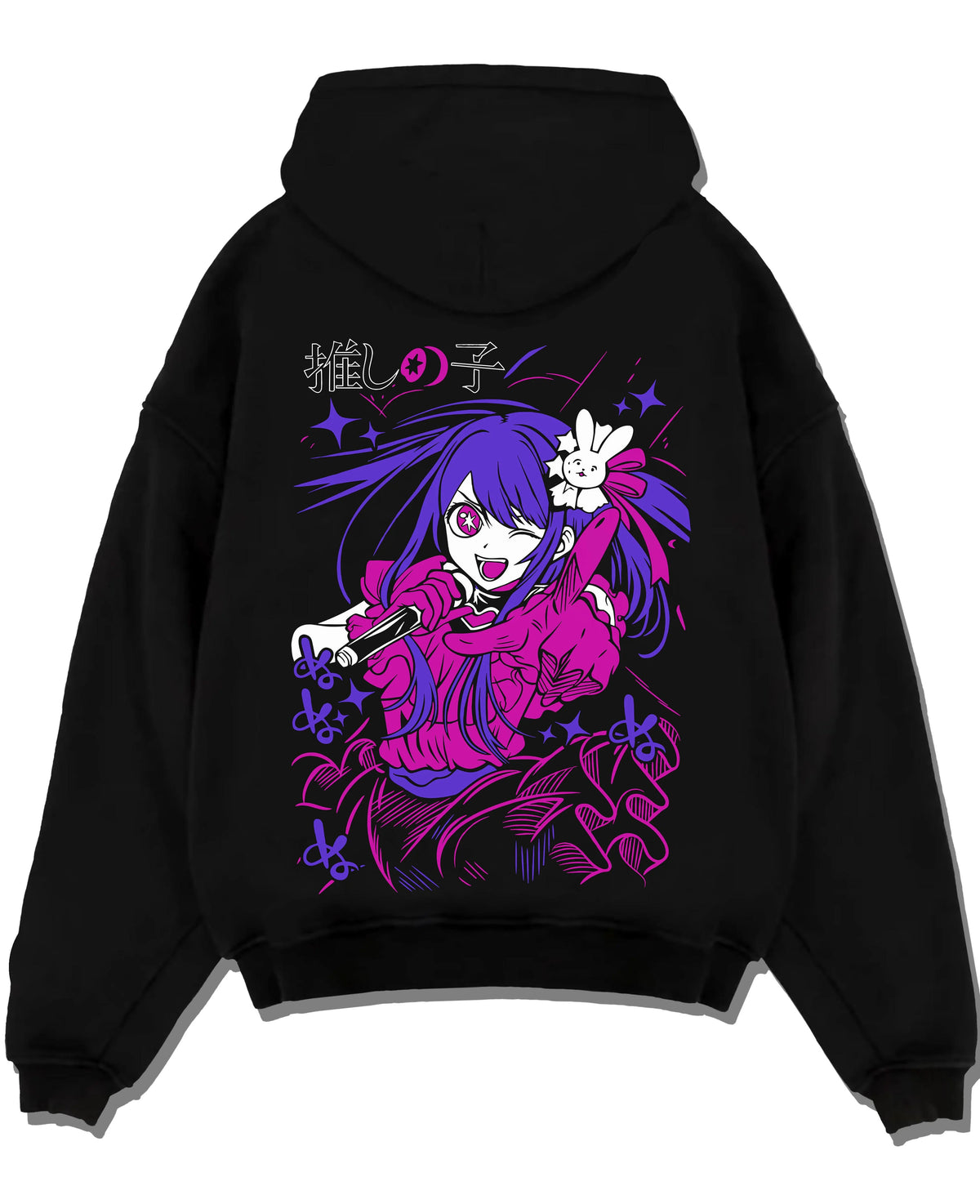 Black hoodie laid flat featuring Ai Hoshino microphone stage portrait Oshi no Ko artwork.