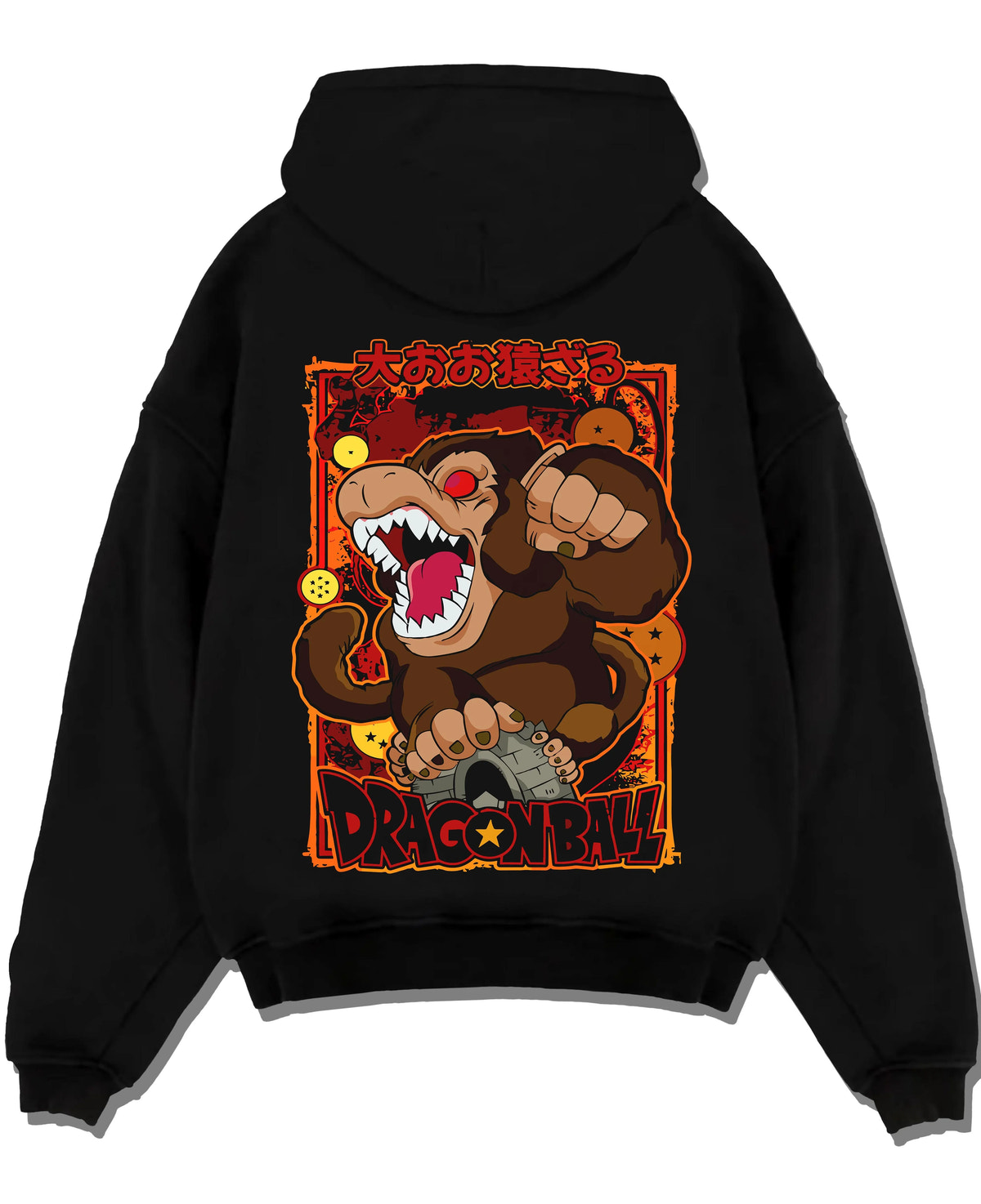 Black hoodie laid flat featuring Kid Goku Great Ape transformation Dragon Ball artwork.