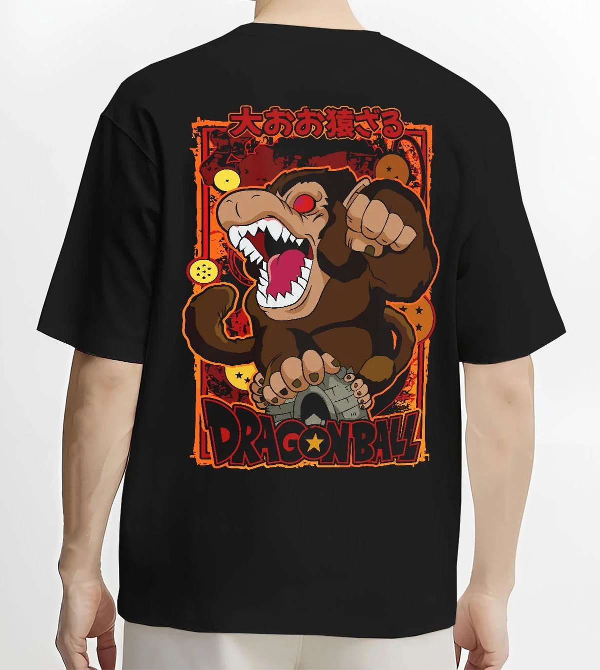 Black T-shirt worn by male model from the back featuring Kid Goku Great Ape transformation Dragon Ball artwork.