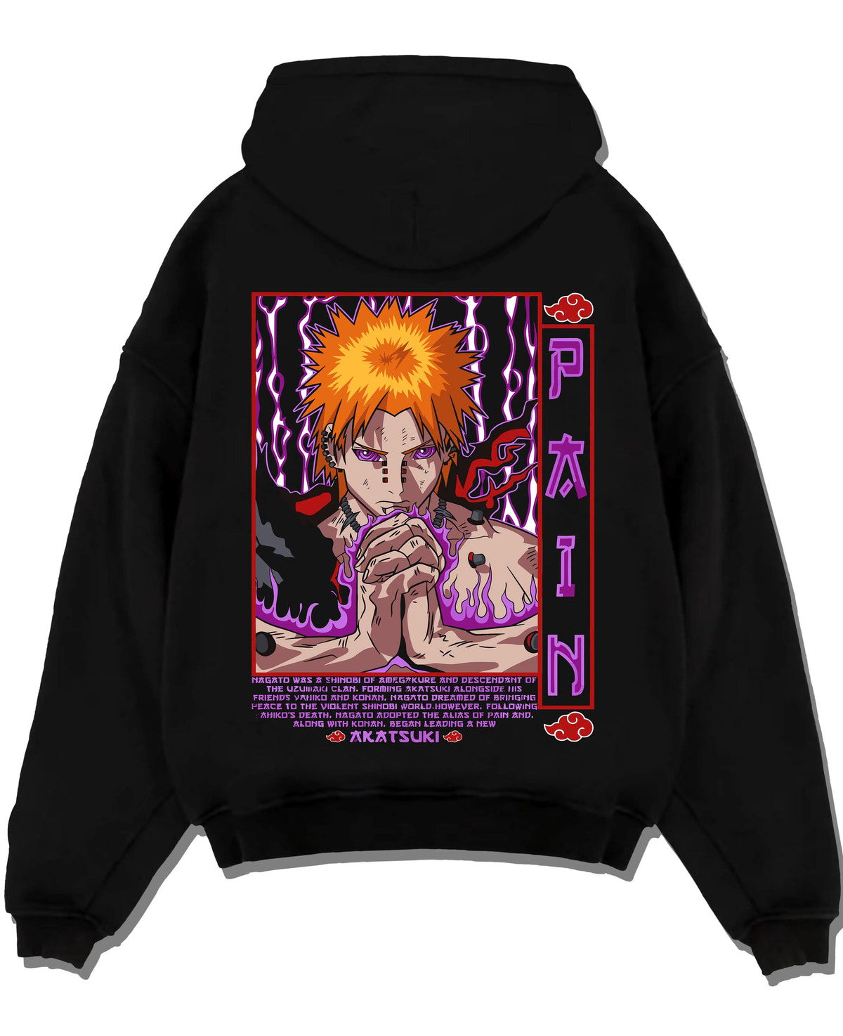Black hoodie laid flat featuring Pain Rinnegan Six Paths portrait Naruto artwork.