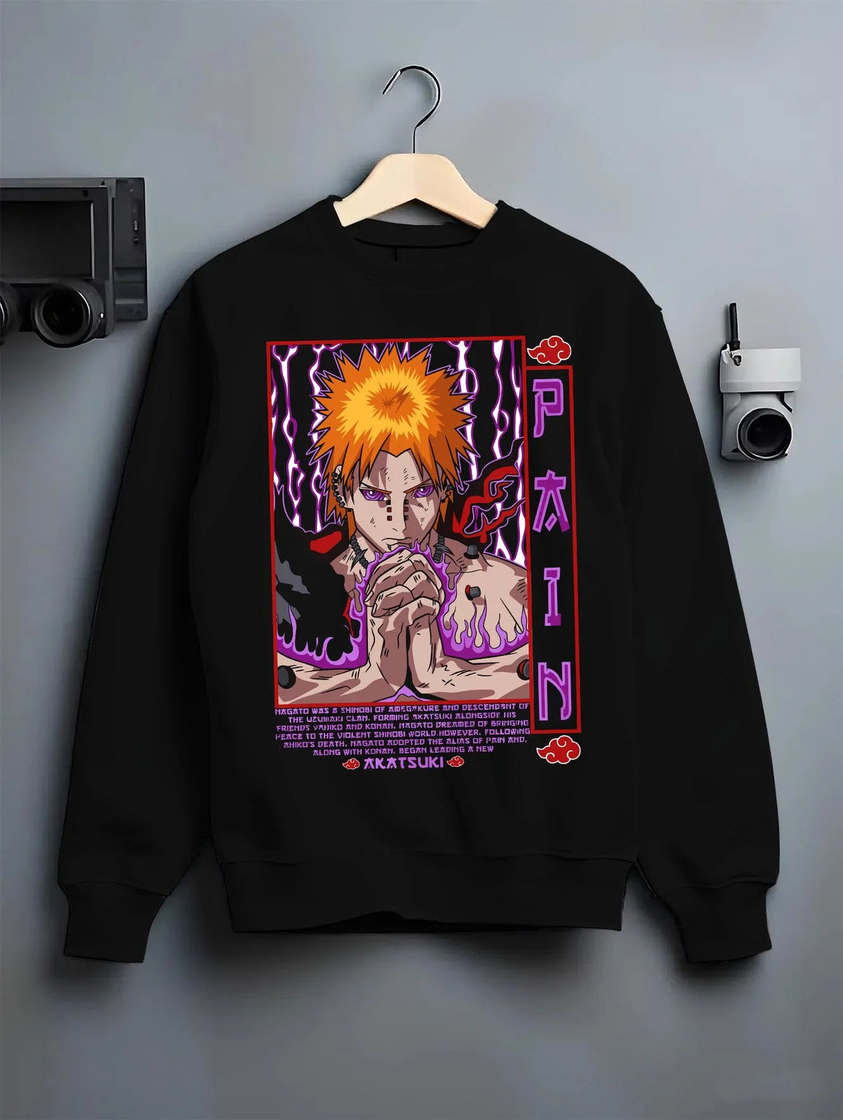 Black crewneck sweatshirt on hanger featuring Pain Rinnegan Six Paths portrait Naruto artwork.