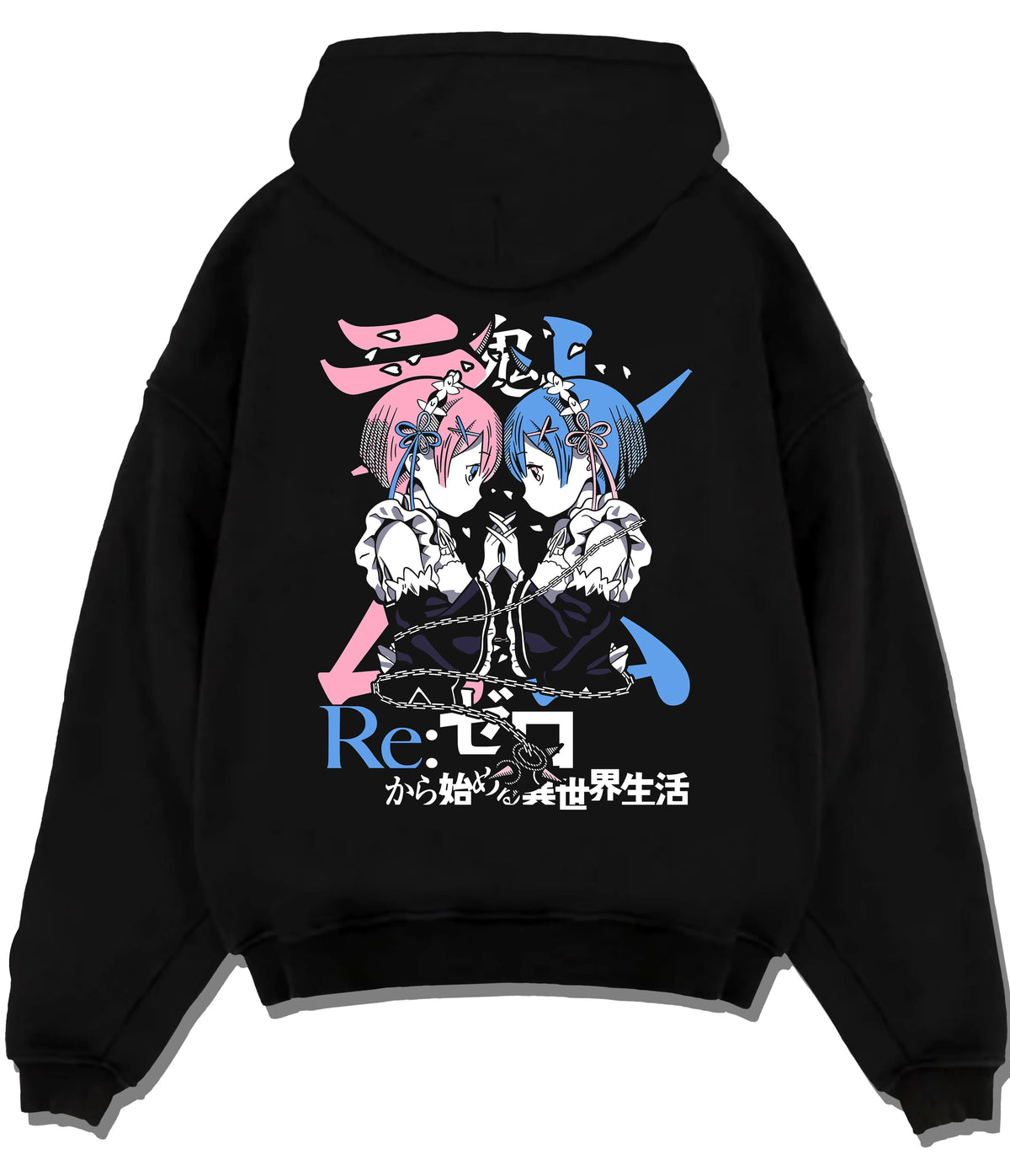 Black hoodie flat back view showing Rem and Ram from Re:Zero: twin maids