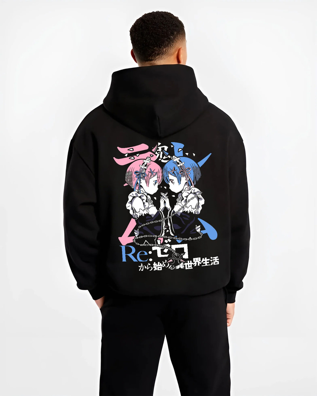 Black hoodie model back view showing Rem and Ram from Re:Zero: twin maids