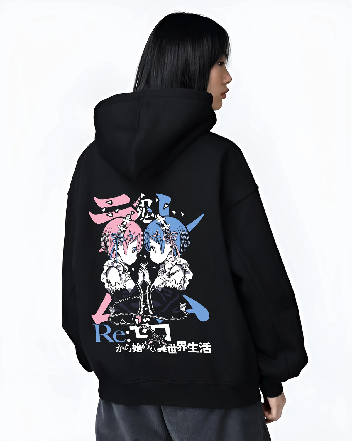 Black hoodie female model back view showing Rem and Ram from Re:Zero: twin maids