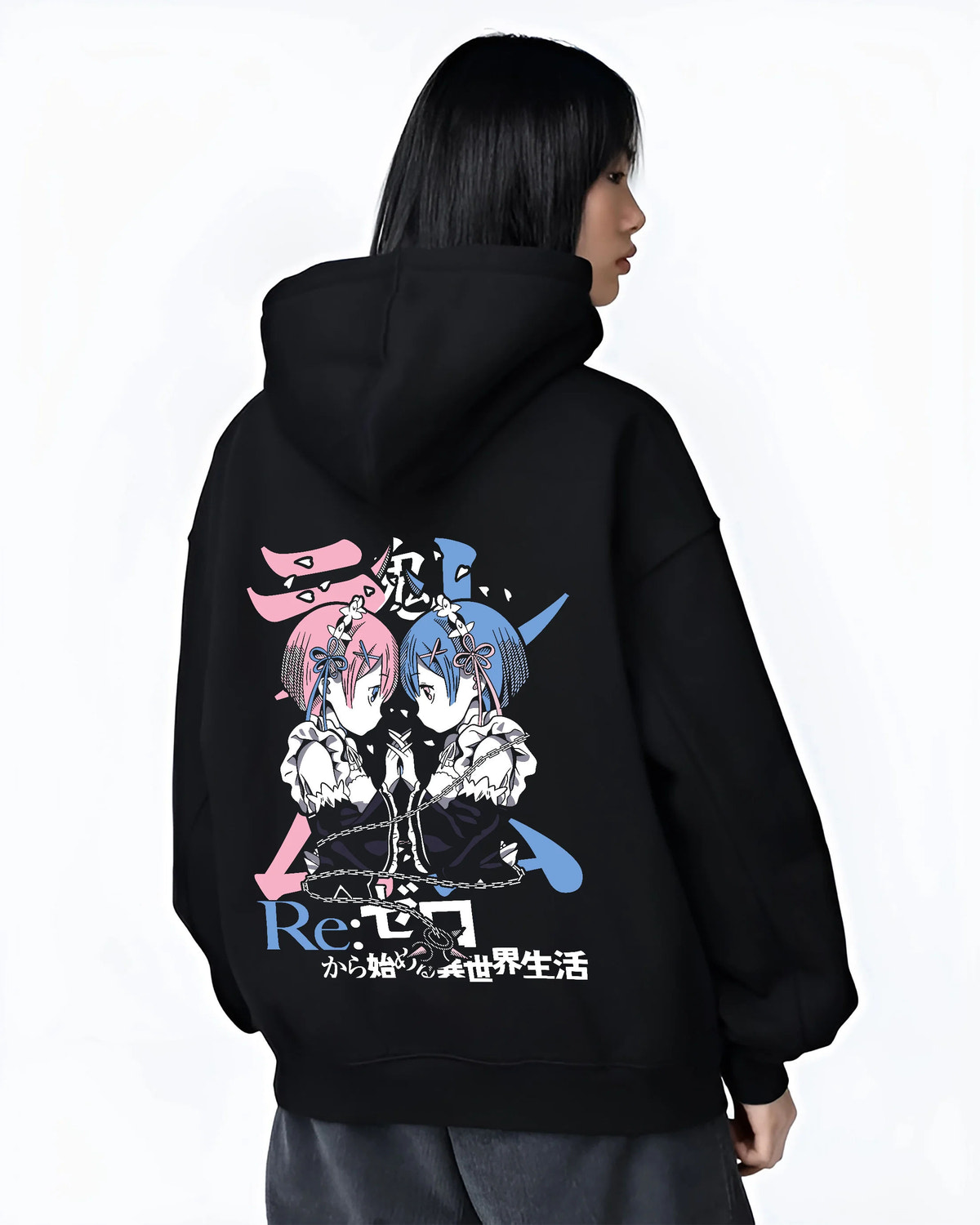 Black hoodie female model back view showing Rem and Ram from Re:Zero: twin maids