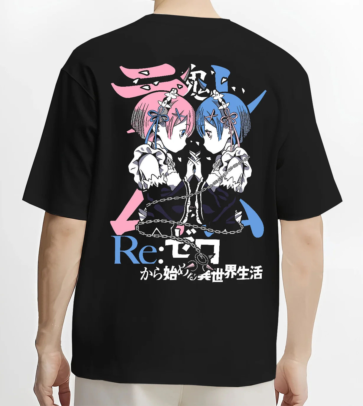 Black T-shirt model back view showing Rem and Ram from Re:Zero: twin maids