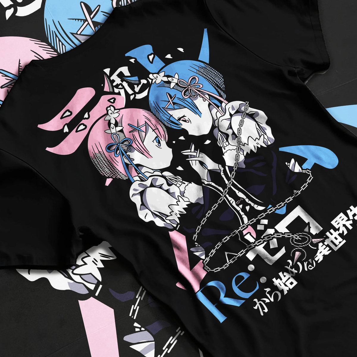Black T-shirt flat back view showing Rem and Ram from Re:Zero: twin maids