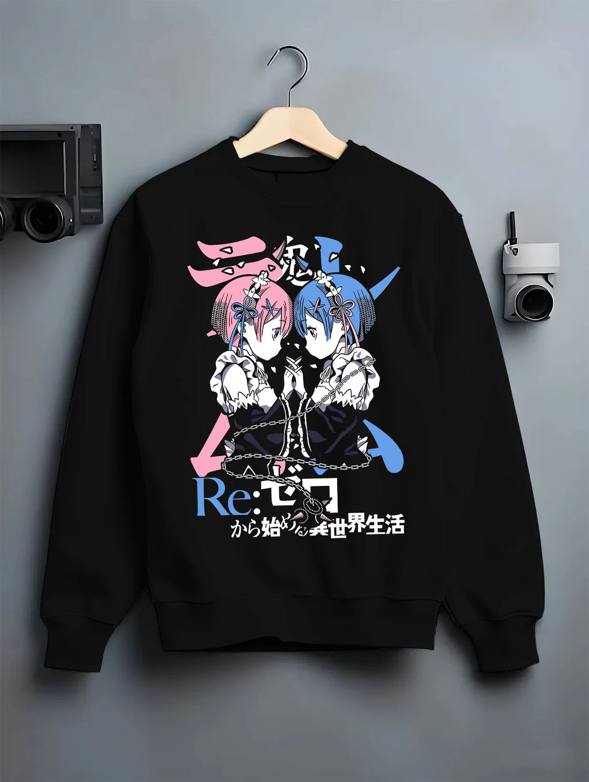 Black crewneck sweatshirt on hanger showing Rem and Ram from Re:Zero: twin maids