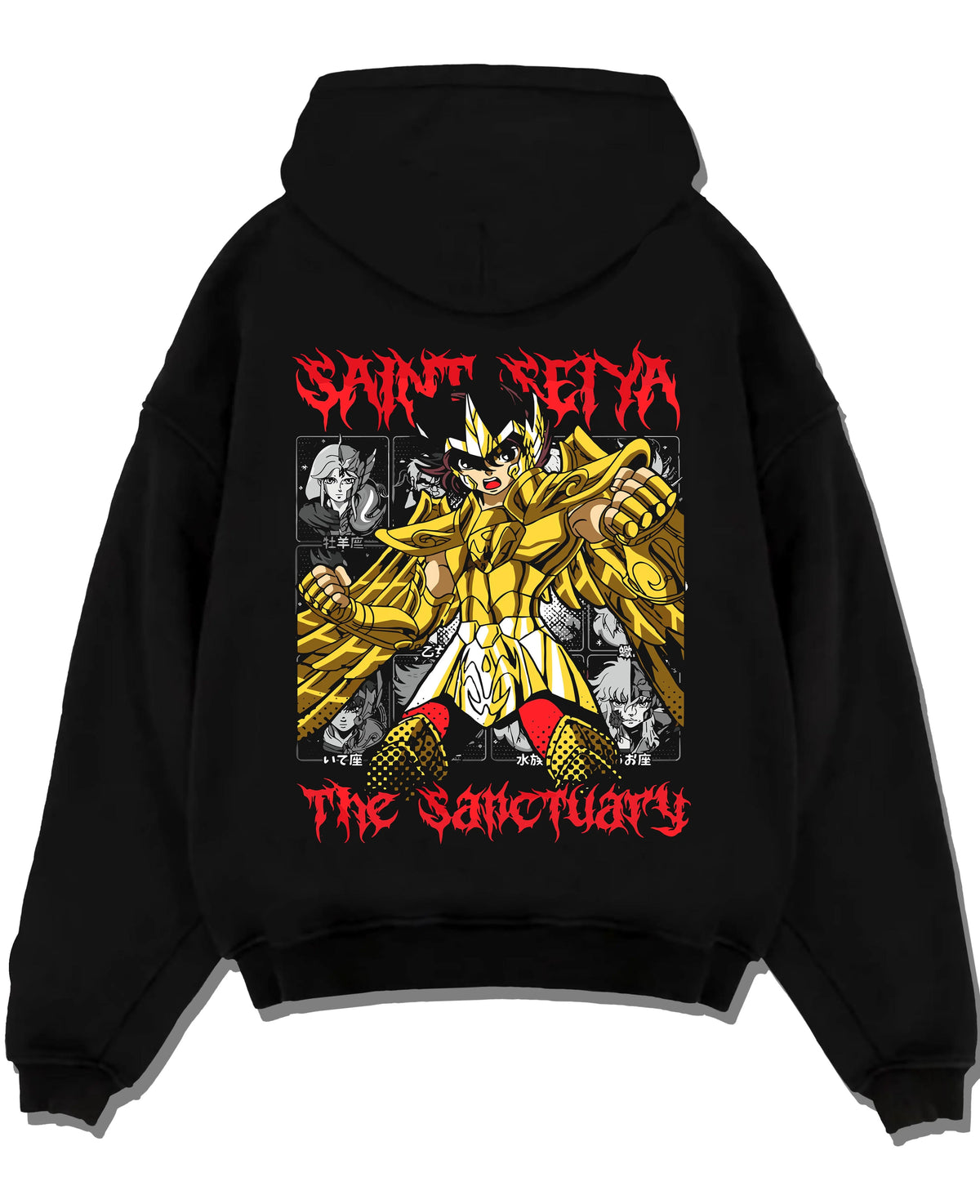 Black hoodie laid flat featuring Pegasus Seiya Gold Cloth Sanctuary Saint Seiya artwork.