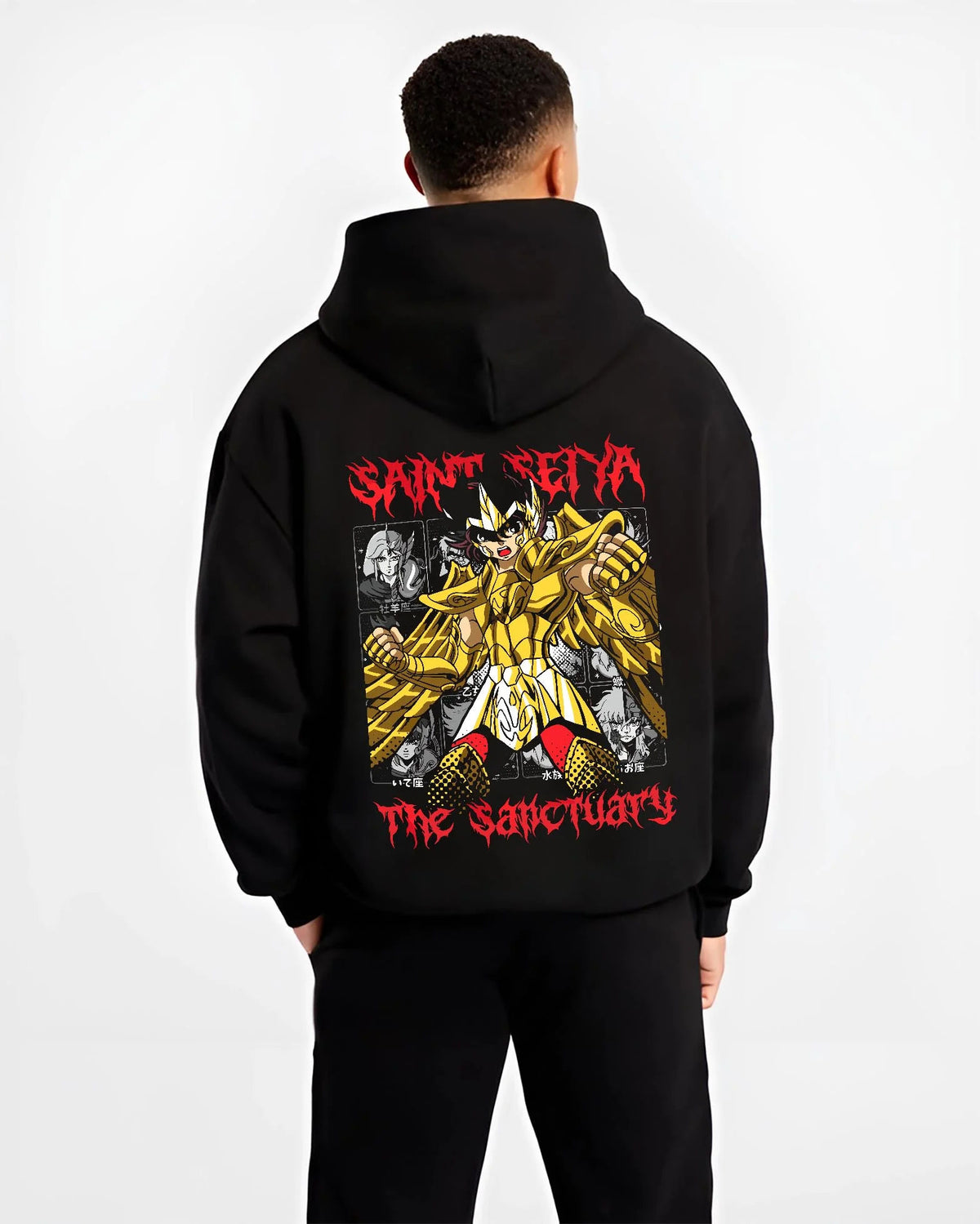 Black hoodie worn by male model from the back featuring Pegasus Seiya Gold Cloth Sanctuary Saint Seiya artwork.