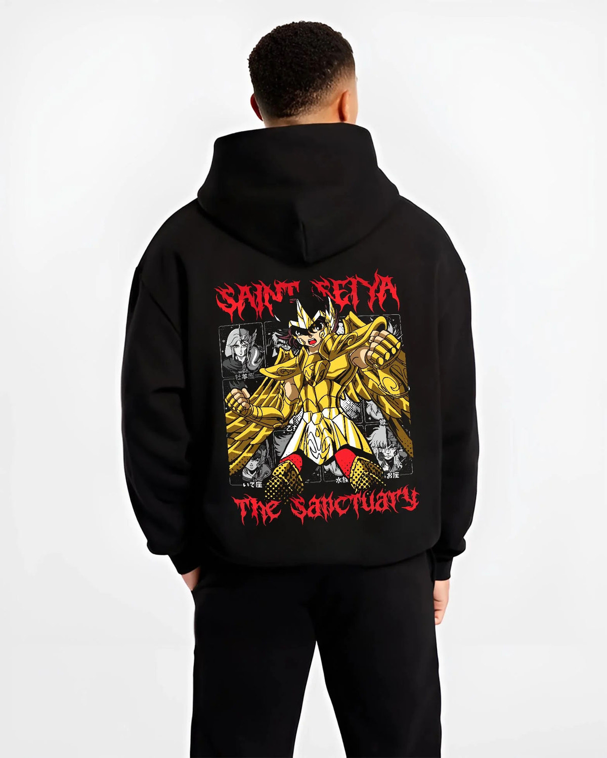 Black hoodie worn by male model from the back featuring Pegasus Seiya Gold Cloth Sanctuary Saint Seiya artwork.
