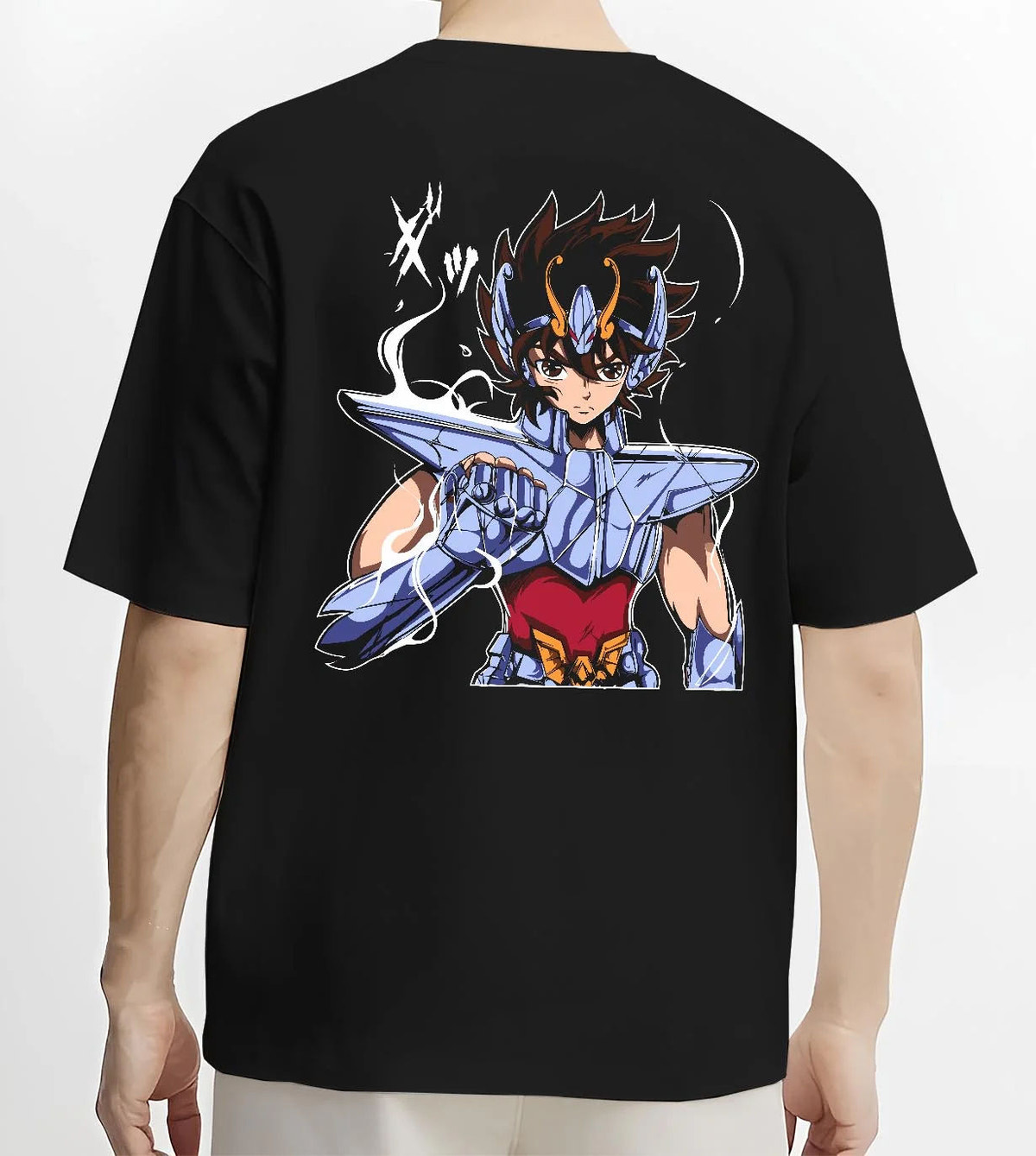 Black T-shirt worn by male model from the back featuring Pegasus Seiya Bronze Cloth hero Saint Seiya artwork.