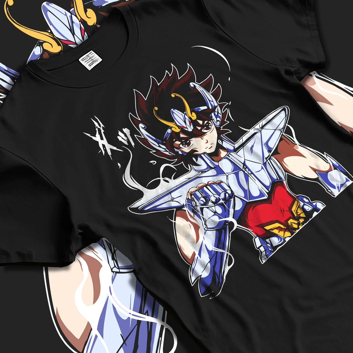 Black T-shirt laid flat with natural folds featuring Pegasus Seiya Bronze Cloth hero Saint Seiya artwork.