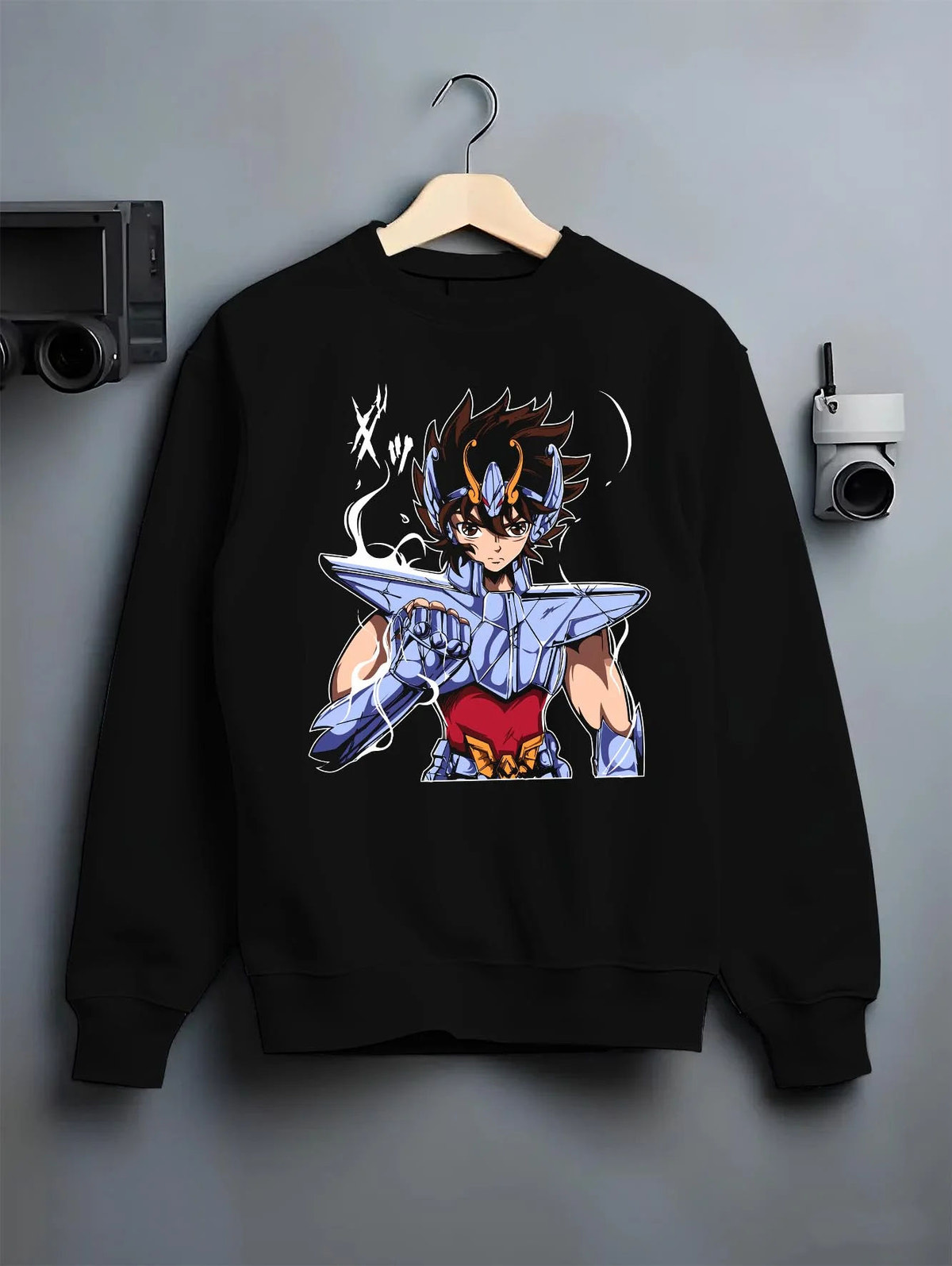 Black crewneck sweatshirt on hanger featuring Pegasus Seiya Bronze Cloth hero Saint Seiya artwork.