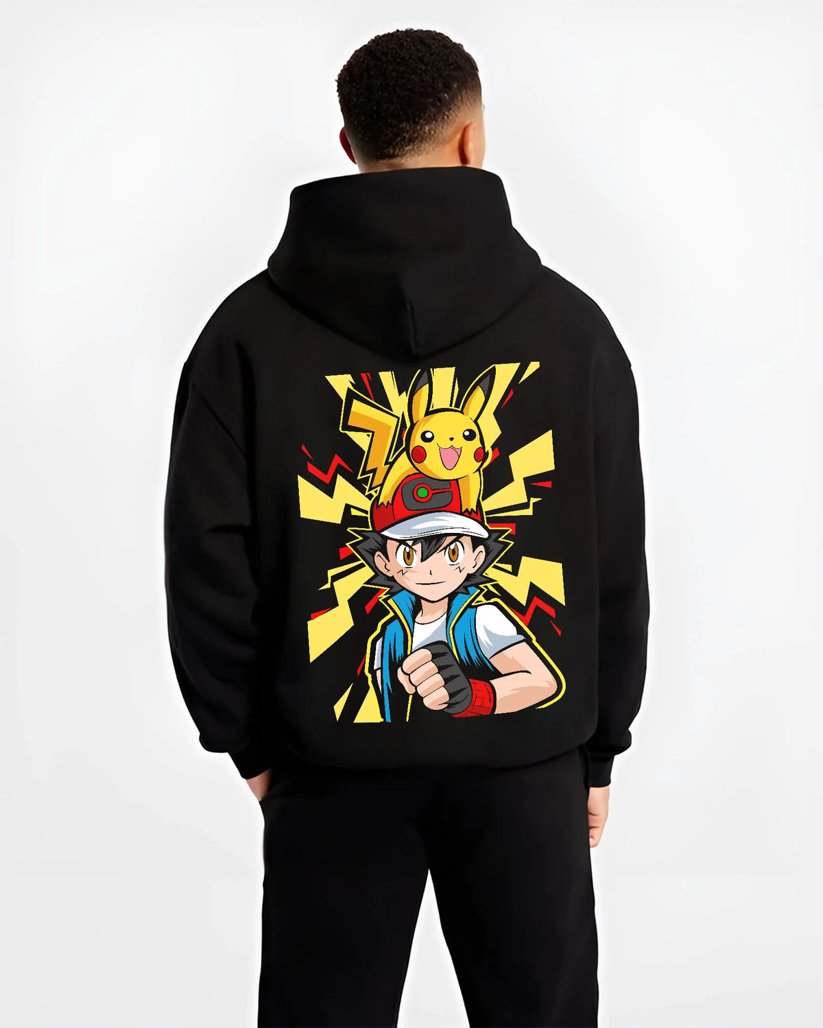 Black hoodie model back view with Ash / Red with yellow Pikachu lightning design from Pokémon illustrated back graphic