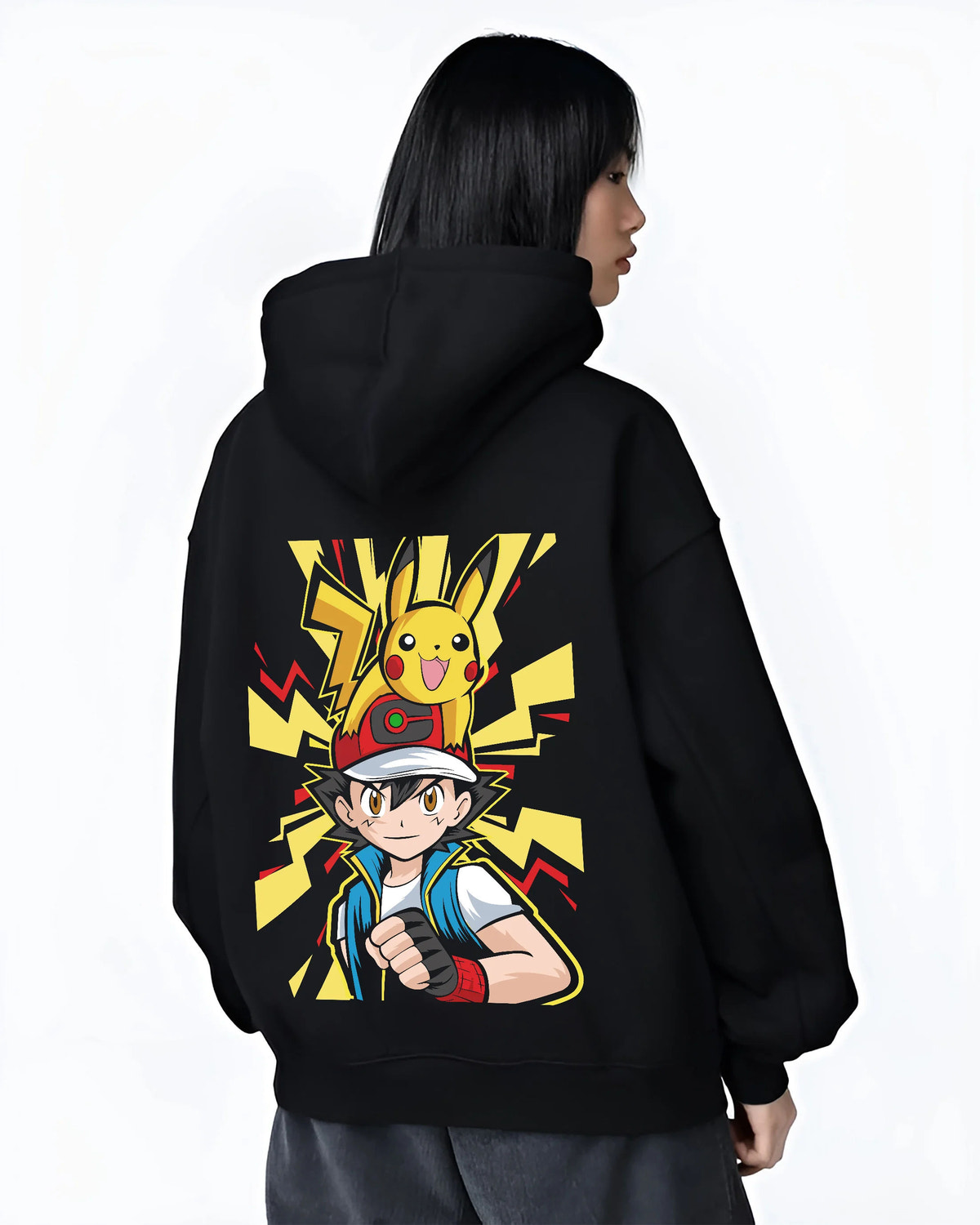 Black hoodie female model back view with Ash / Red with yellow Pikachu lightning design from Pokémon illustrated back graphic