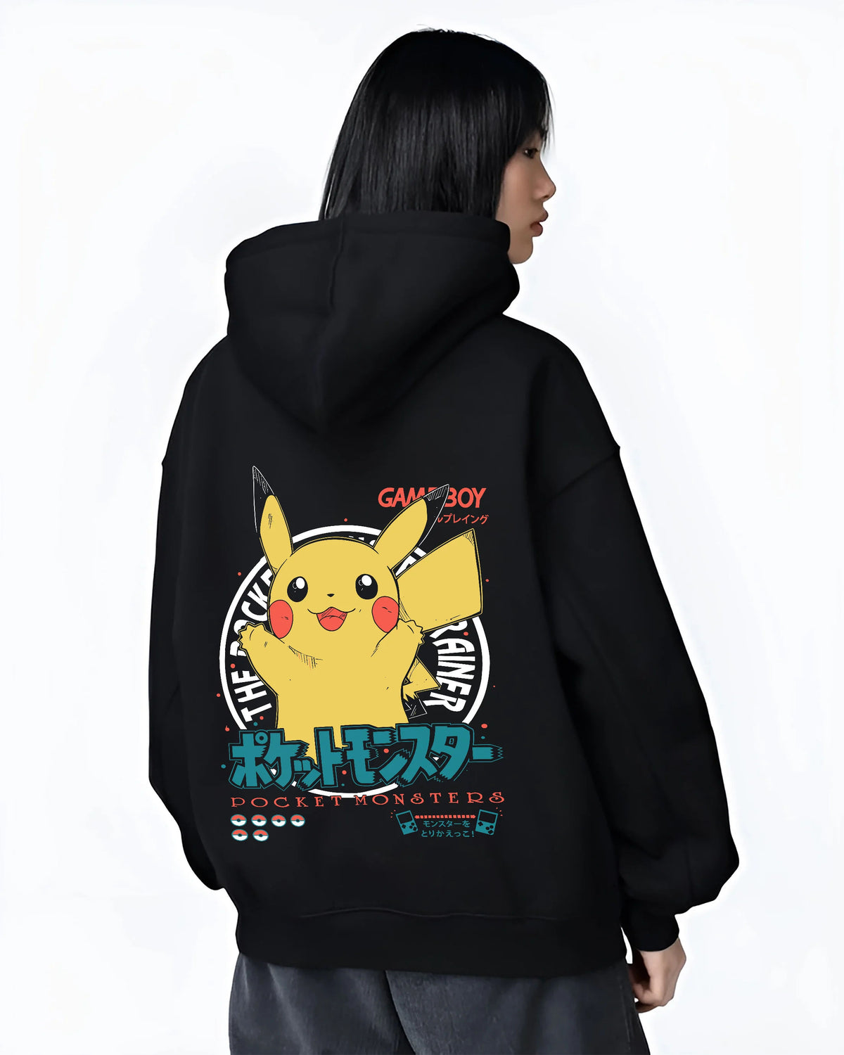Black hoodie female model back view showing Pikachu from Pokémon: happy Game Boy illustration