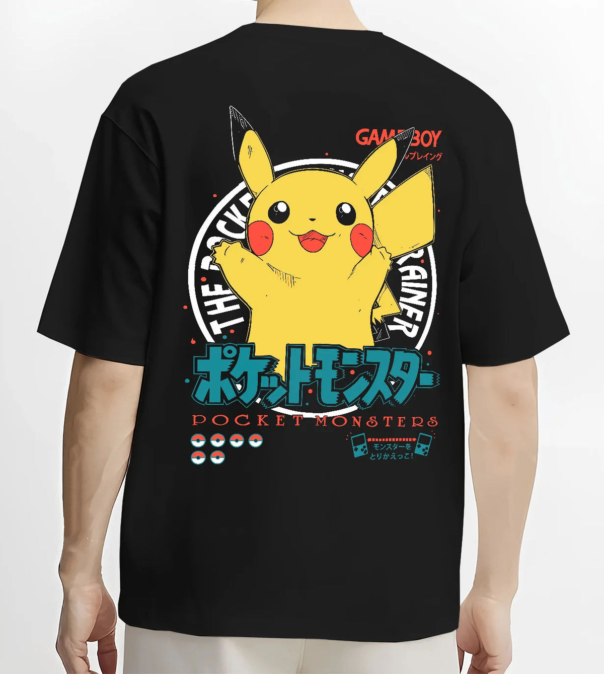 Black T-shirt model back view showing Pikachu from Pokémon: happy Game Boy illustration