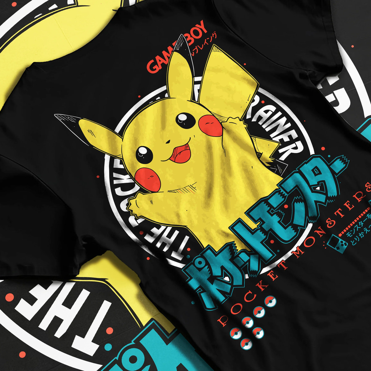 Black T-shirt flat back view showing Pikachu from Pokémon: happy Game Boy illustration