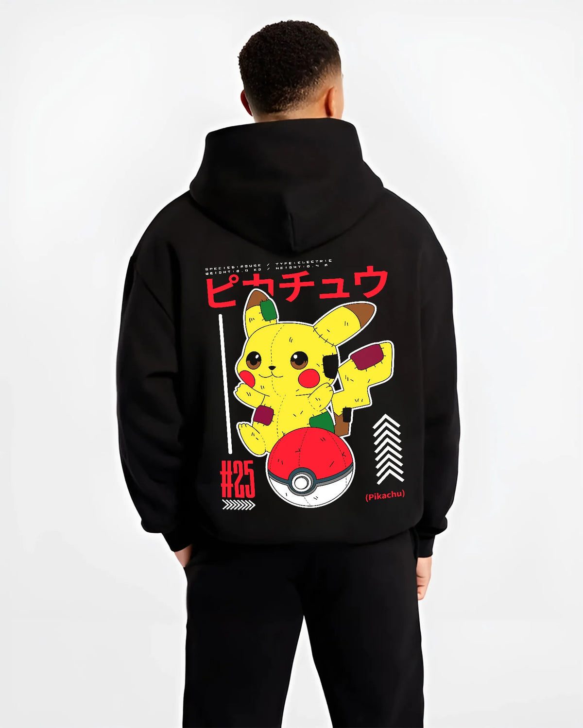 Black hoodie model back view showing Pikachu from Pokémon: Pokedex-inspired design