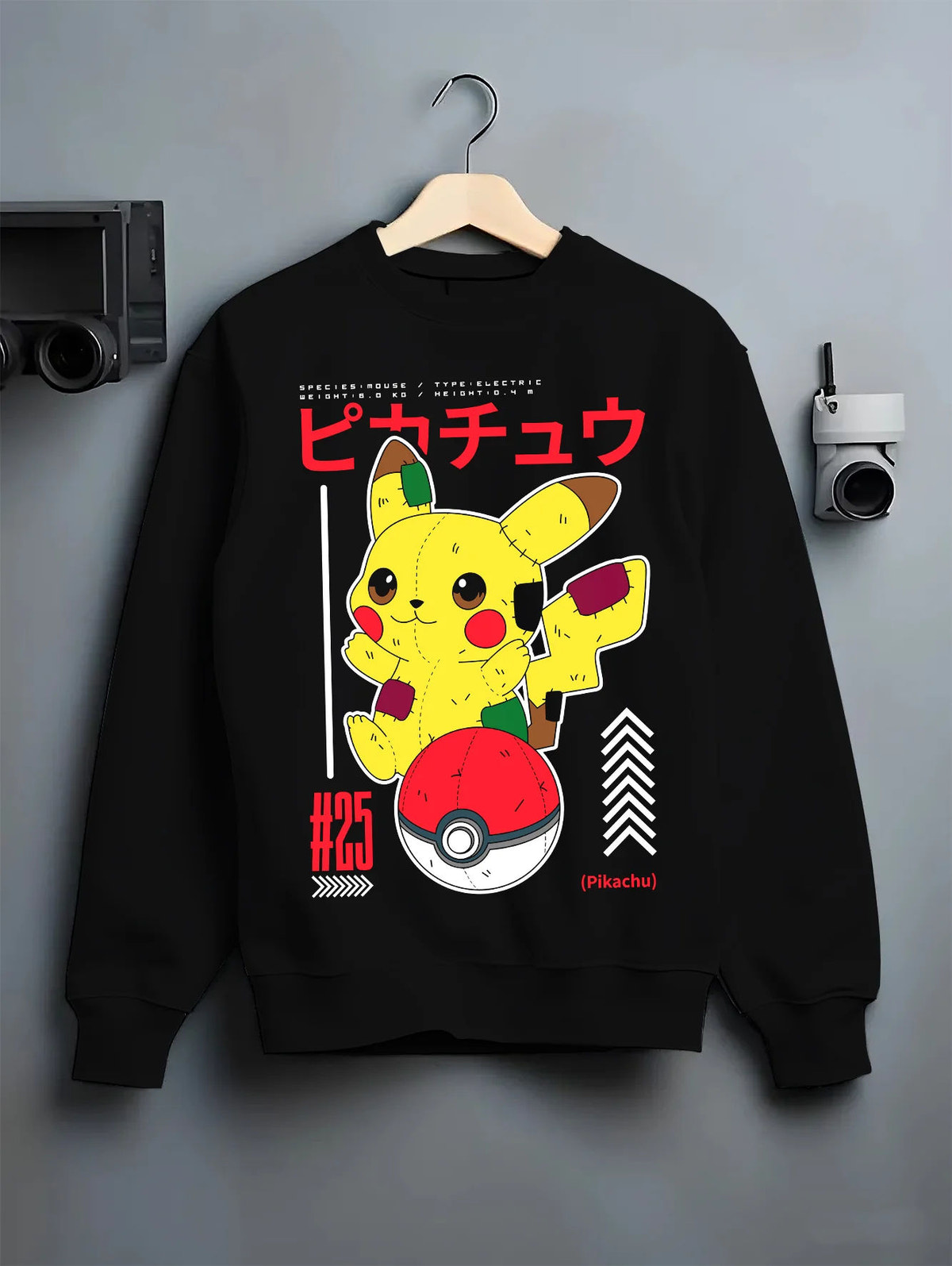 Black crewneck sweatshirt on hanger showing Pikachu from Pokémon: Pokedex-inspired design