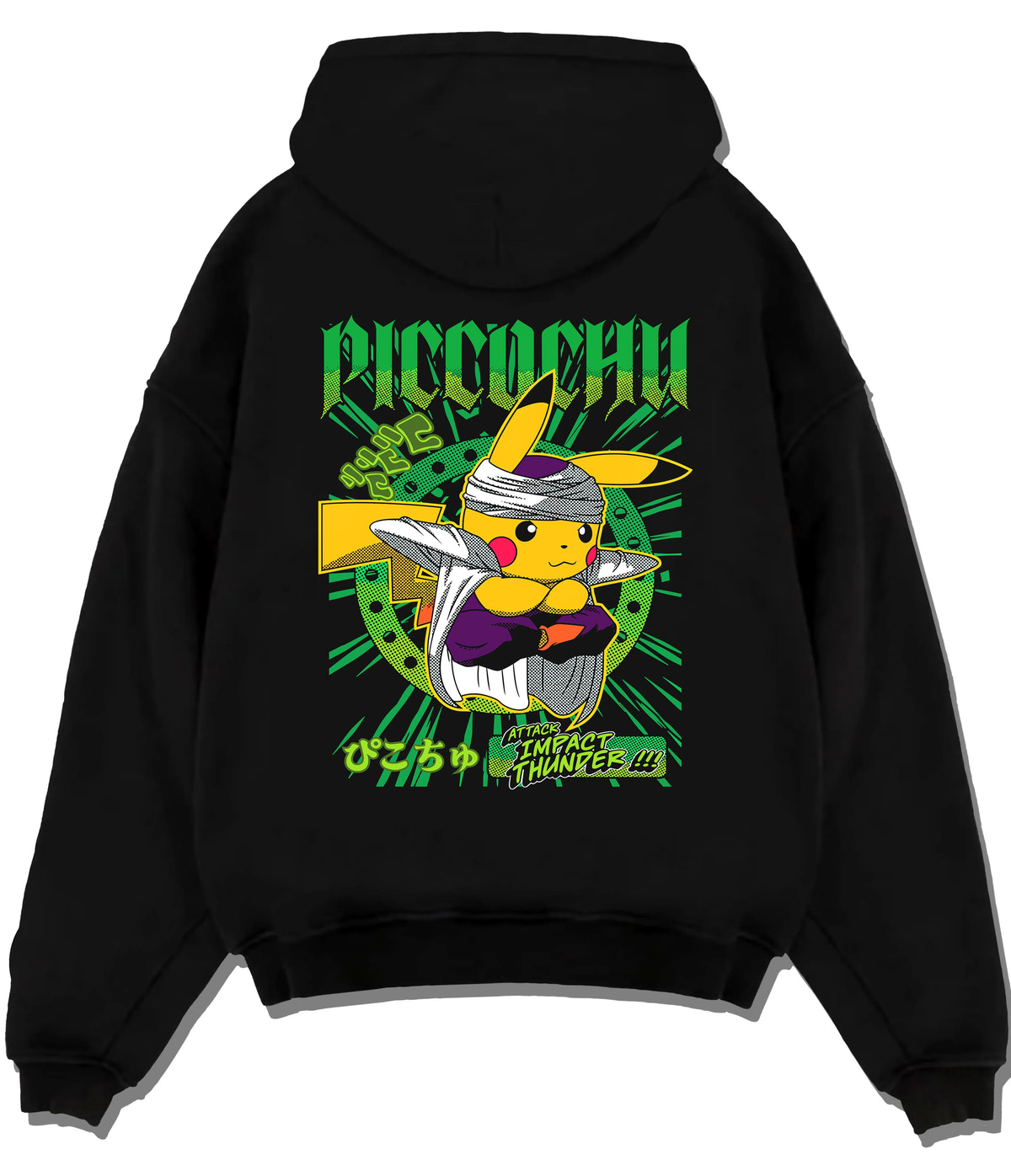 Black hoodie flat back view showing Pikachu wearing trainer cap from Pokémon: ramen parody