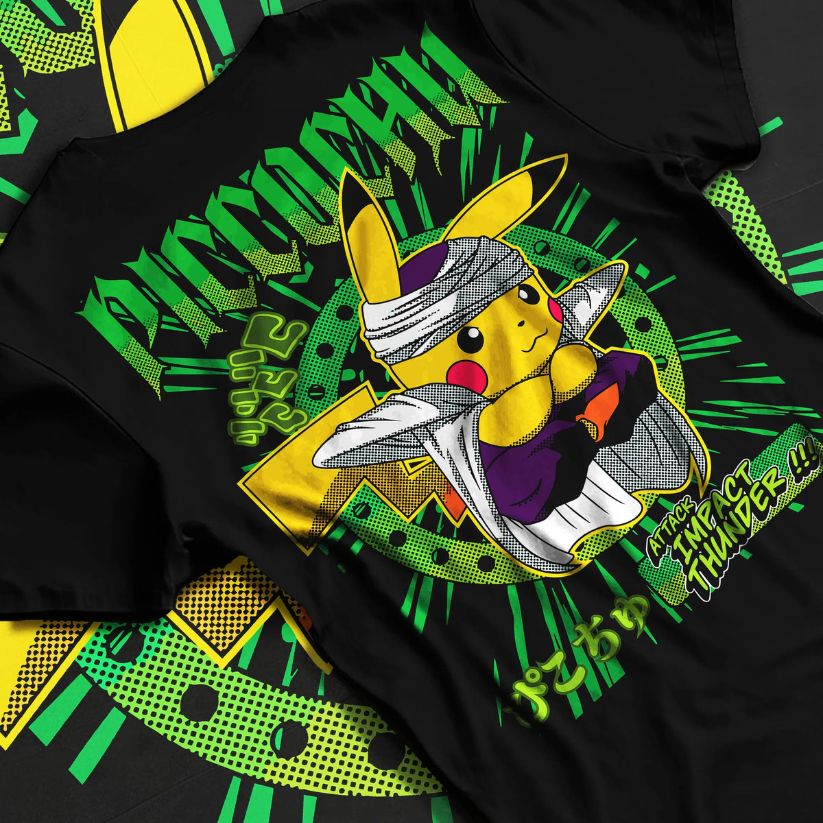 Black T-shirt flat back view showing Pikachu wearing trainer cap from Pokémon: ramen parody