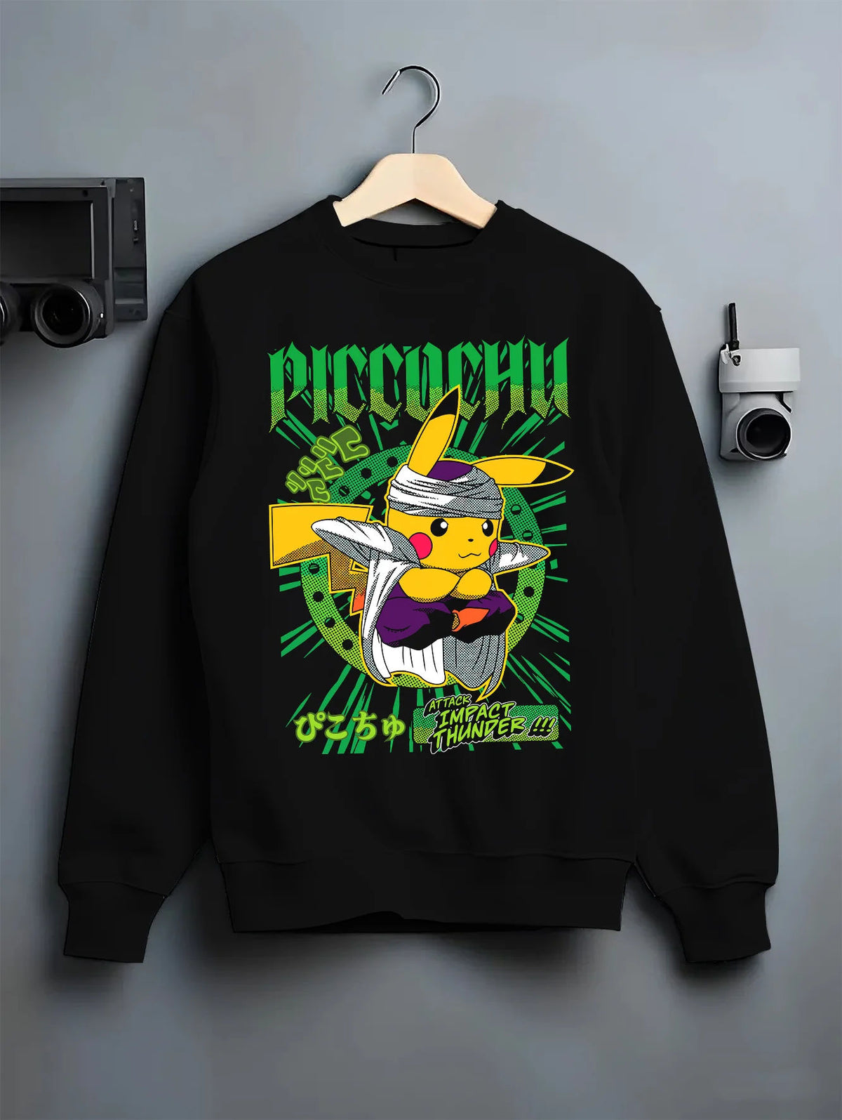 Black crewneck sweatshirt on hanger showing Pikachu wearing trainer cap from Pokémon: ramen parody