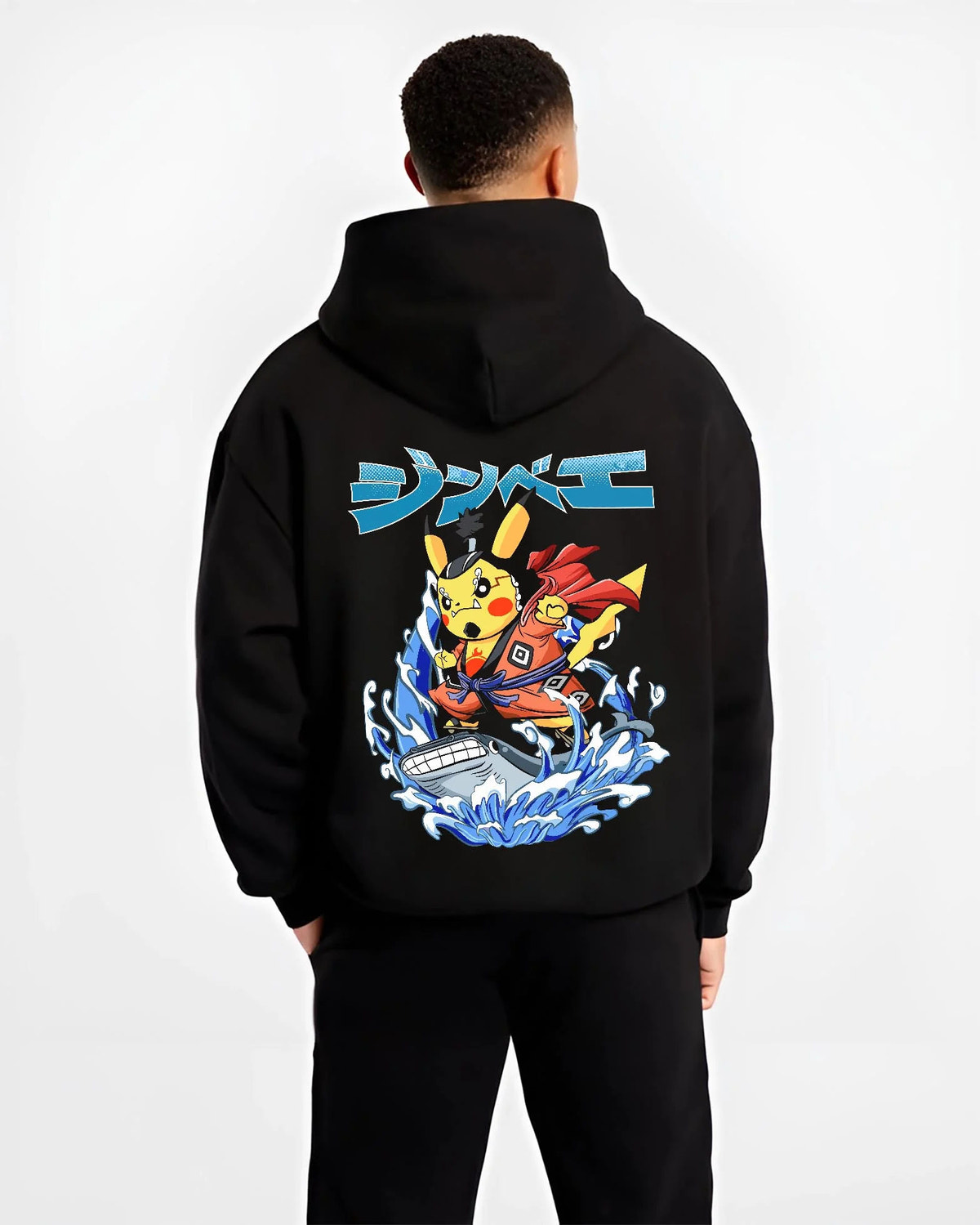 Black hoodie worn by male model from the back featuring Pikachu martial arts crossover Pokemon artwork.