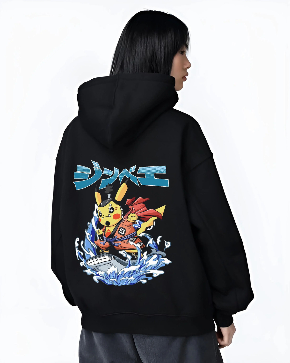 Black hoodie worn by female model from the back featuring Pikachu martial arts crossover Pokemon artwork.