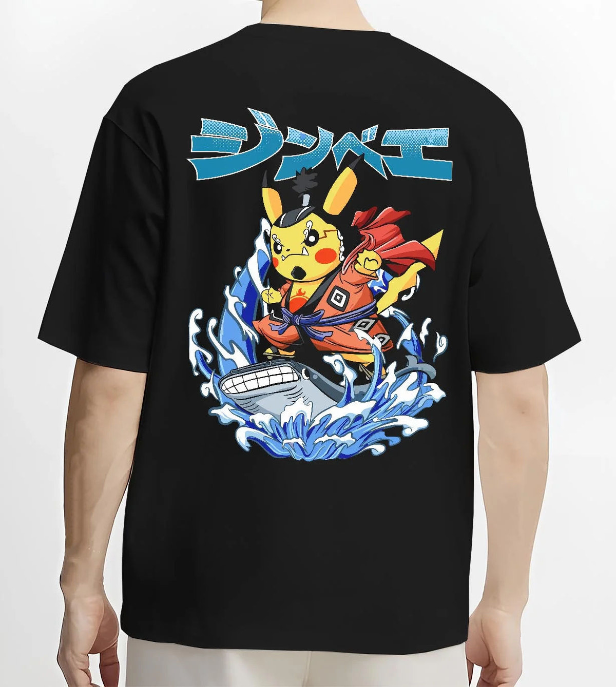 Black T-shirt worn by male model from the back featuring Pikachu martial arts crossover Pokemon artwork.