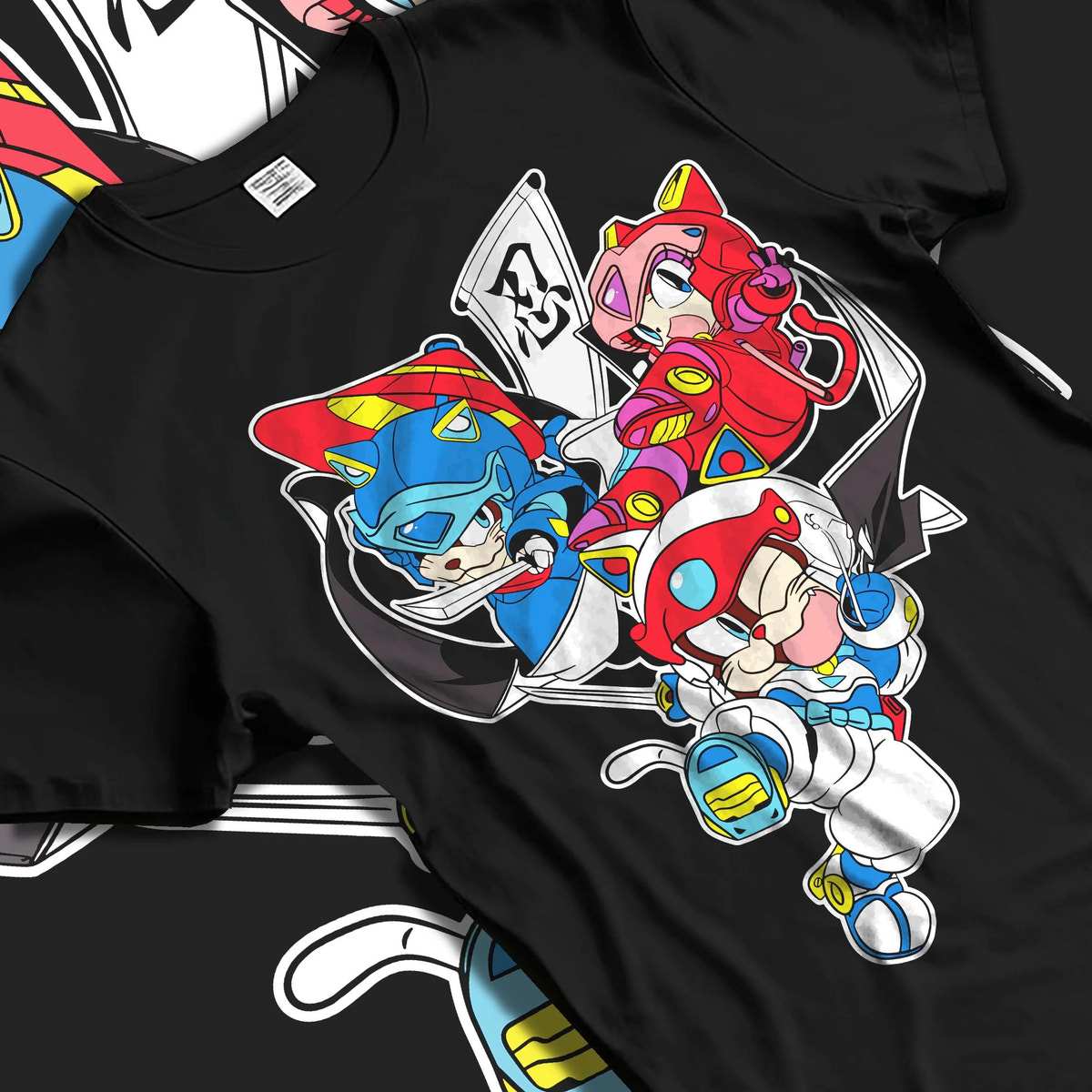 Black T-shirt laid flat with natural folds featuring Samurai Pizza Cats cyber ninja team Samurai Pizza Cats artwork.