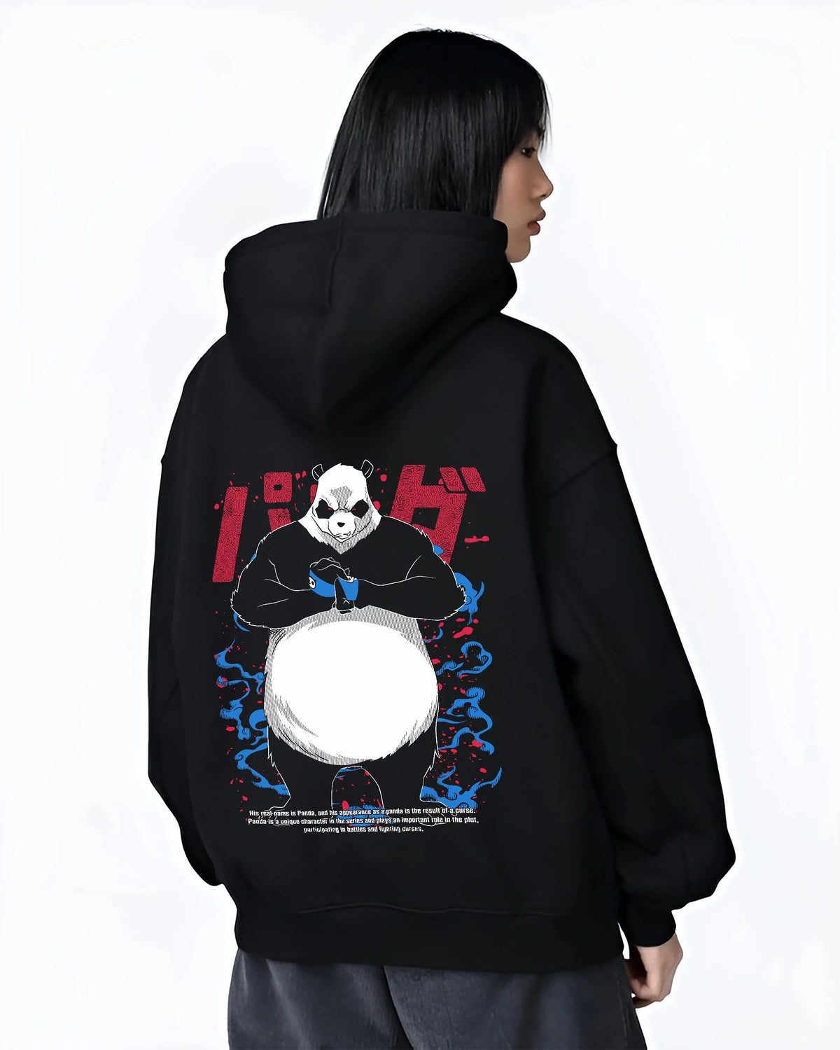 Black hoodie worn by female model from the back featuring Panda cursed corpse power Jujutsu Kaisen artwork.