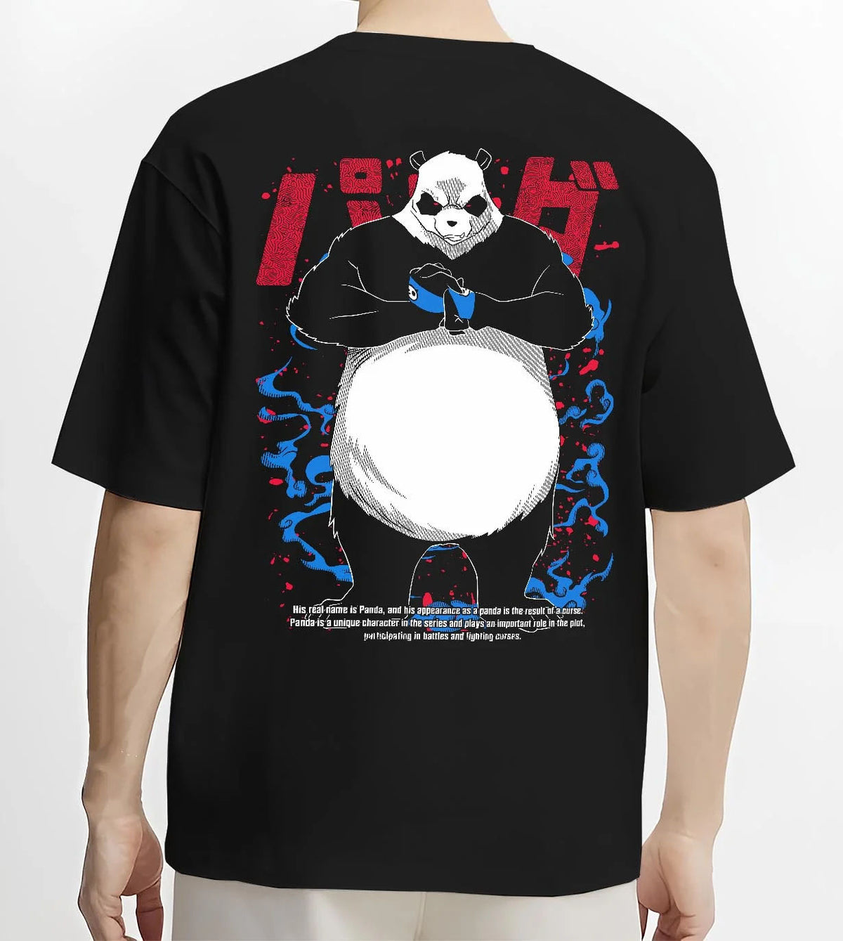 Black T-shirt worn by male model from the back featuring Panda cursed corpse power Jujutsu Kaisen artwork.
