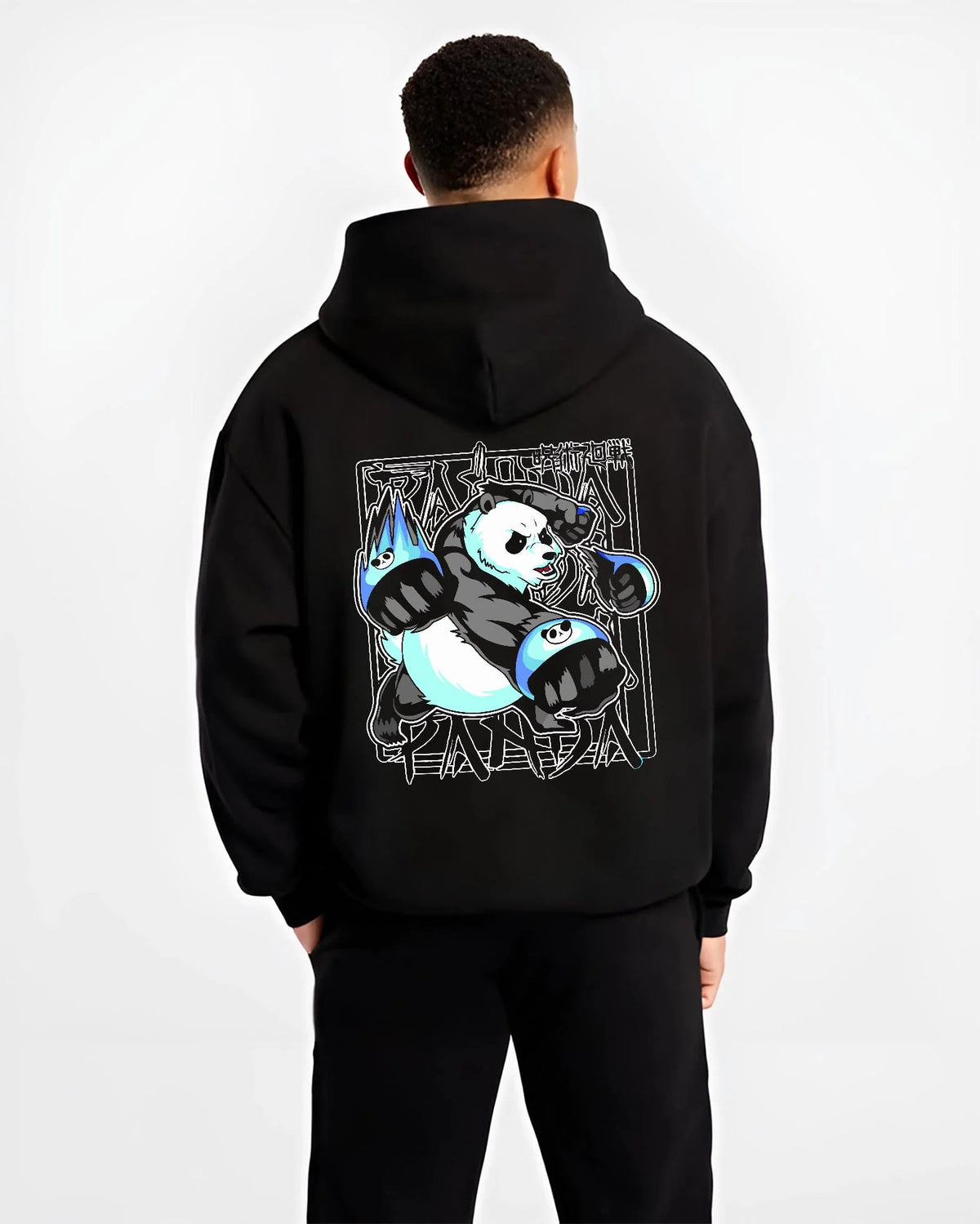 Black hoodie worn by male model from the back featuring Panda battle form cursed corpse Jujutsu Kaisen artwork.