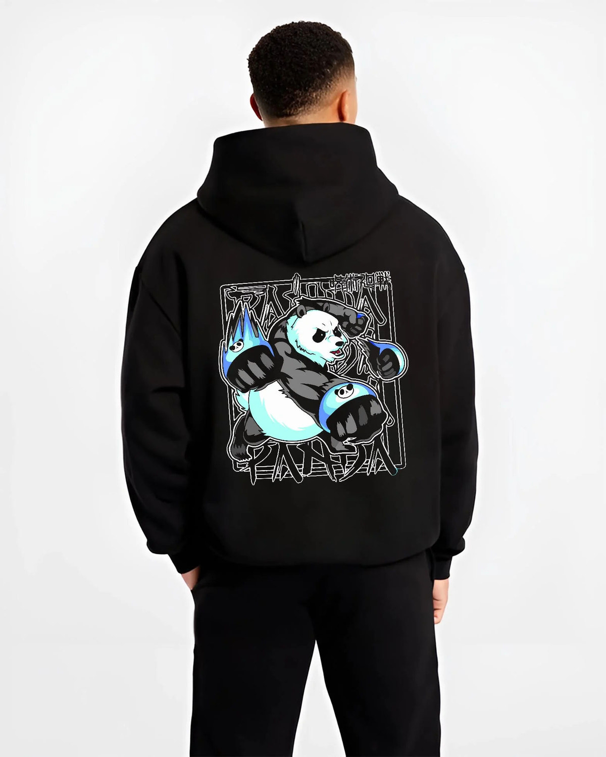 Black hoodie worn by male model from the back featuring Panda battle form cursed corpse Jujutsu Kaisen artwork.