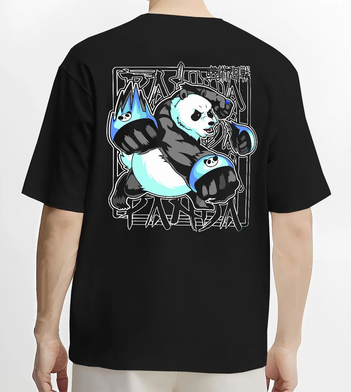 Black T-shirt worn by male model from the back featuring Panda battle form cursed corpse Jujutsu Kaisen artwork.