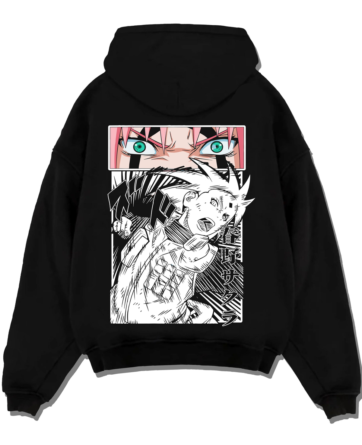 Black hoodie laid flat featuring Sakura Haruno chakra strength Naruto artwork.