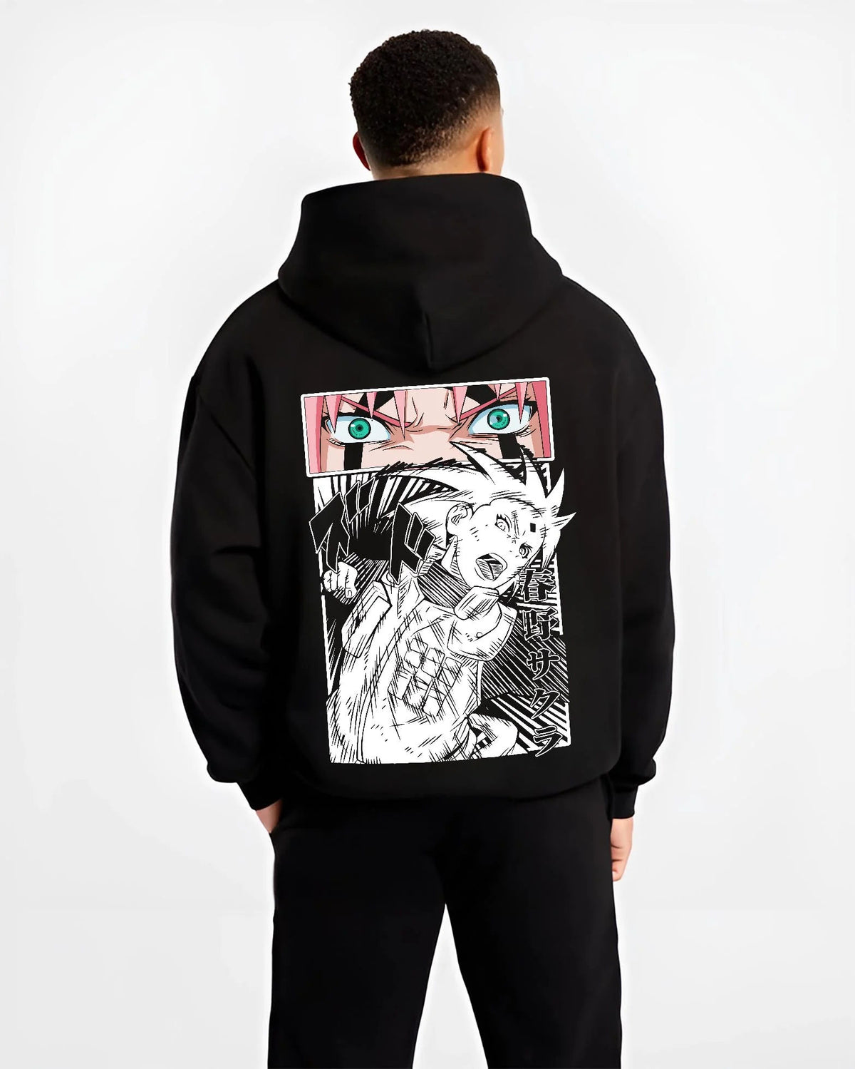 Black hoodie worn by male model from the back featuring Sakura Haruno chakra strength Naruto artwork.