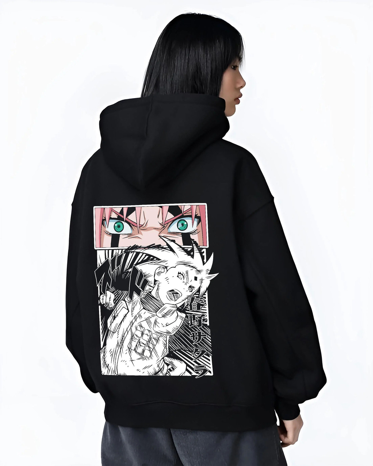 Black hoodie worn by female model from the back featuring Sakura Haruno chakra strength Naruto artwork.