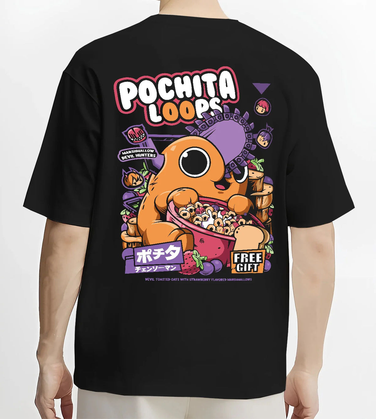 Black T-shirt model back view showing Pochita from Chainsaw Man: pink cereal and Pochita Loops