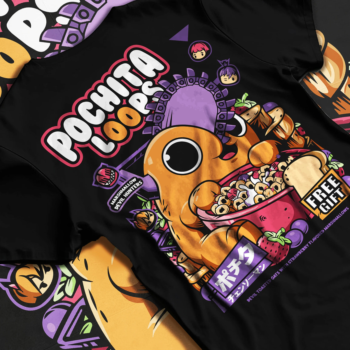 Black T-shirt flat back view showing Pochita from Chainsaw Man: pink cereal and Pochita Loops