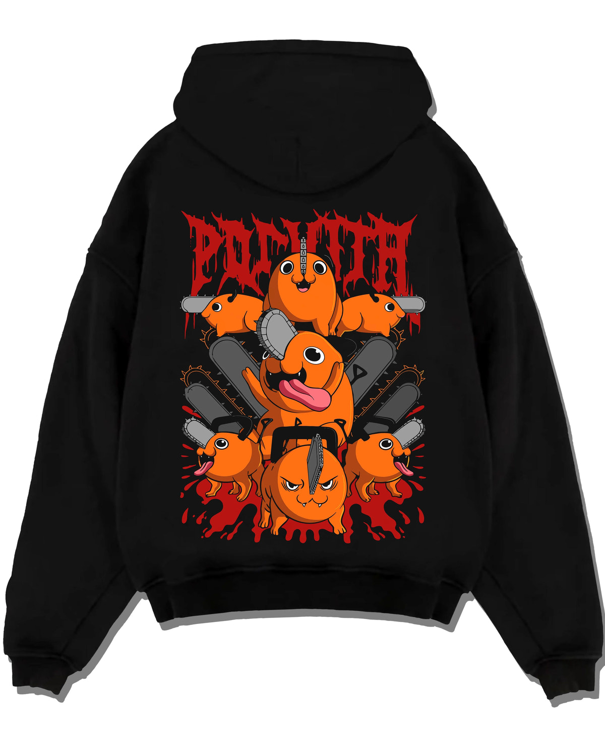 Black hoodie laid flat featuring Pochita Chainsaw Devil Chainsaw Man artwork.