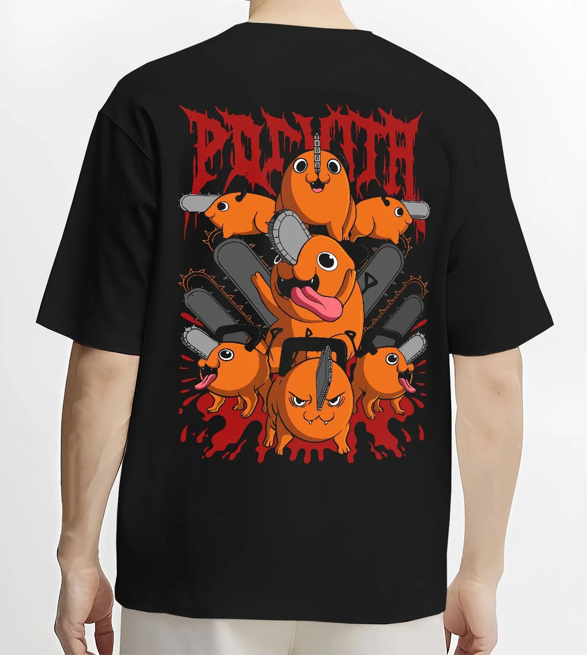 Black T-shirt worn by male model from the back featuring Pochita Chainsaw Devil Chainsaw Man artwork.