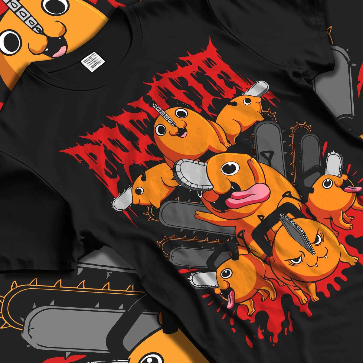 Black T-shirt laid flat with natural folds featuring Pochita Chainsaw Devil Chainsaw Man artwork.